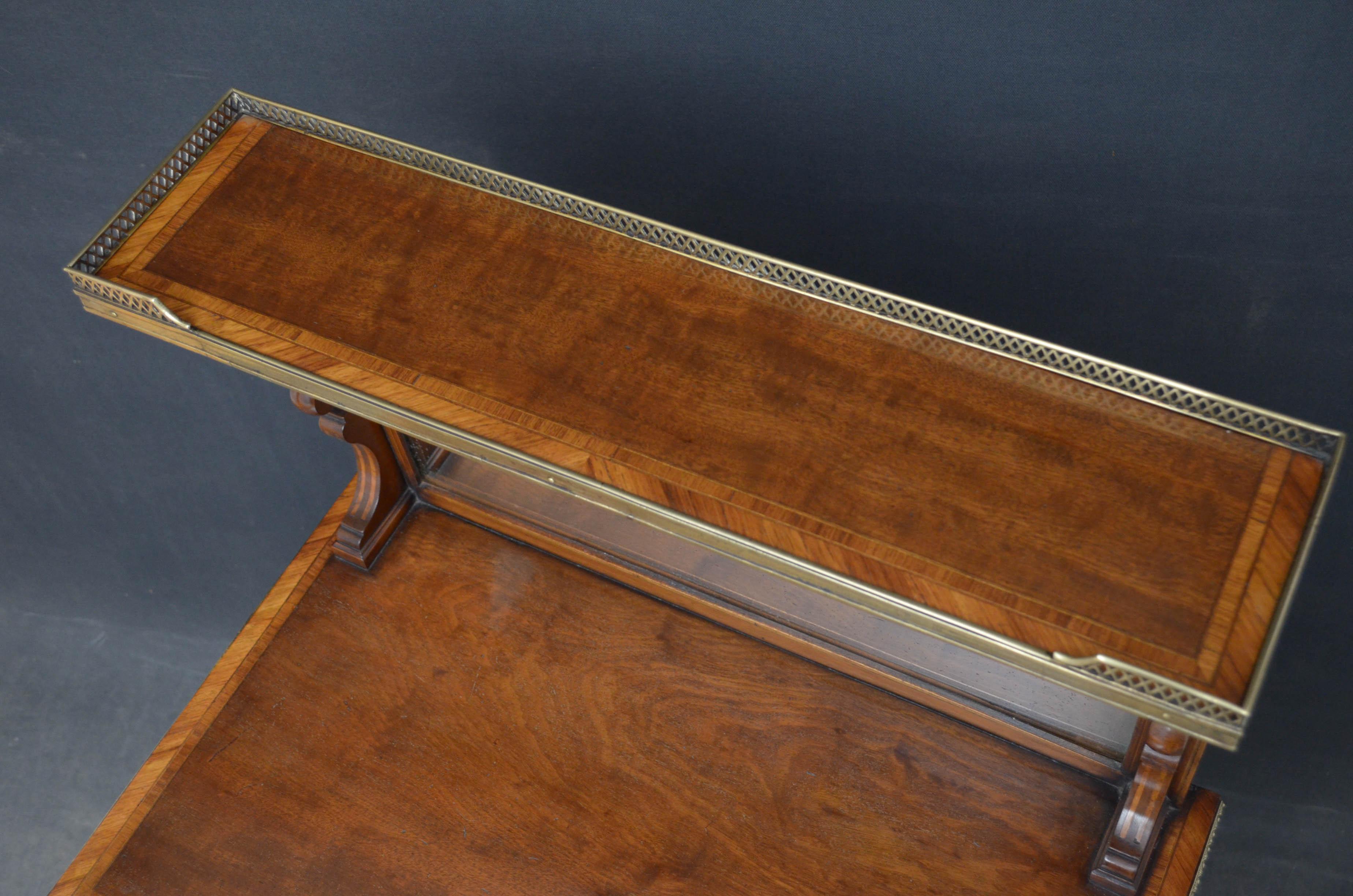 Sn5180 Very unusual 19th century hall table in mahogany, having super structure with original brass gallery and mirrored back, raised on shaped and inlaid supports above tulipwood crossbanded top with mahogany lined drawer which is fitted with
