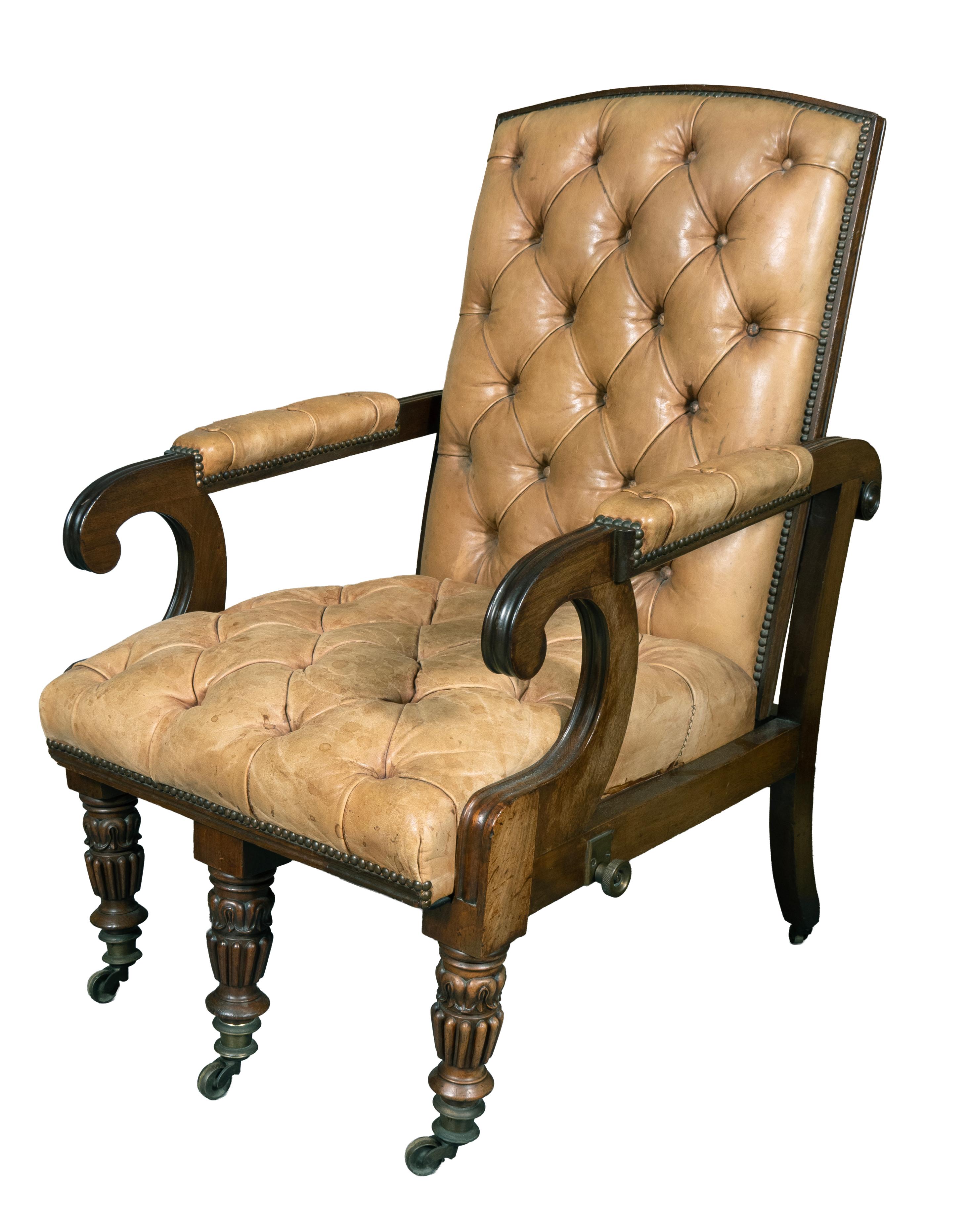 Brass George IV Mahogany Reclining Library Armchair For Sale