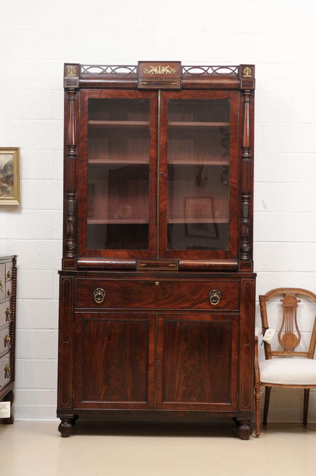 George IV Mahogany Secretary Bookcase with Brass Inlay and Ormolu Mounts England For Sale 5