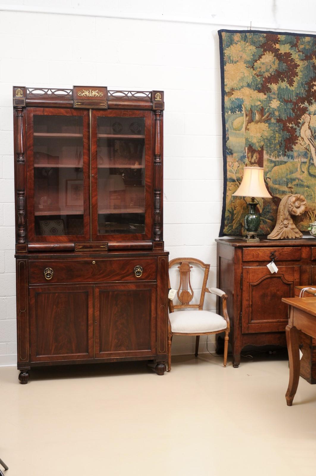 George IV Mahogany Secretary Bookcase with Brass Inlay and Ormolu Mounts England For Sale 8