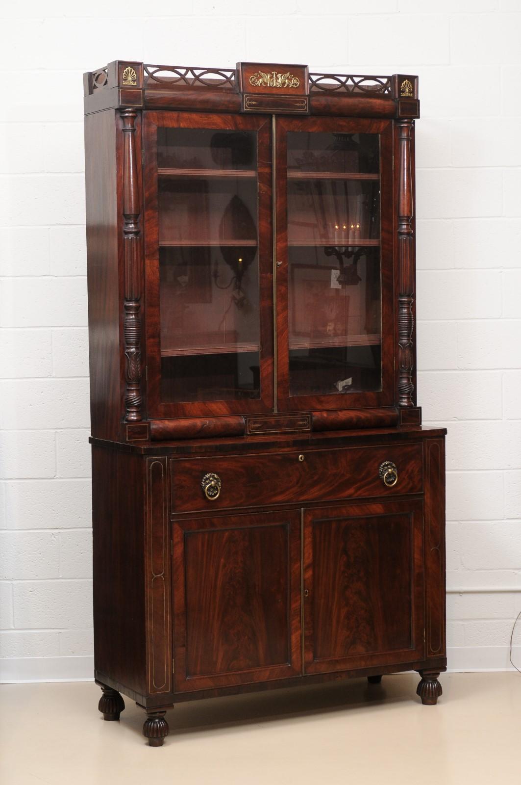 George IV Mahogany Secretary Bookcase with Brass Inlay and Ormolu Mounts England For Sale 9