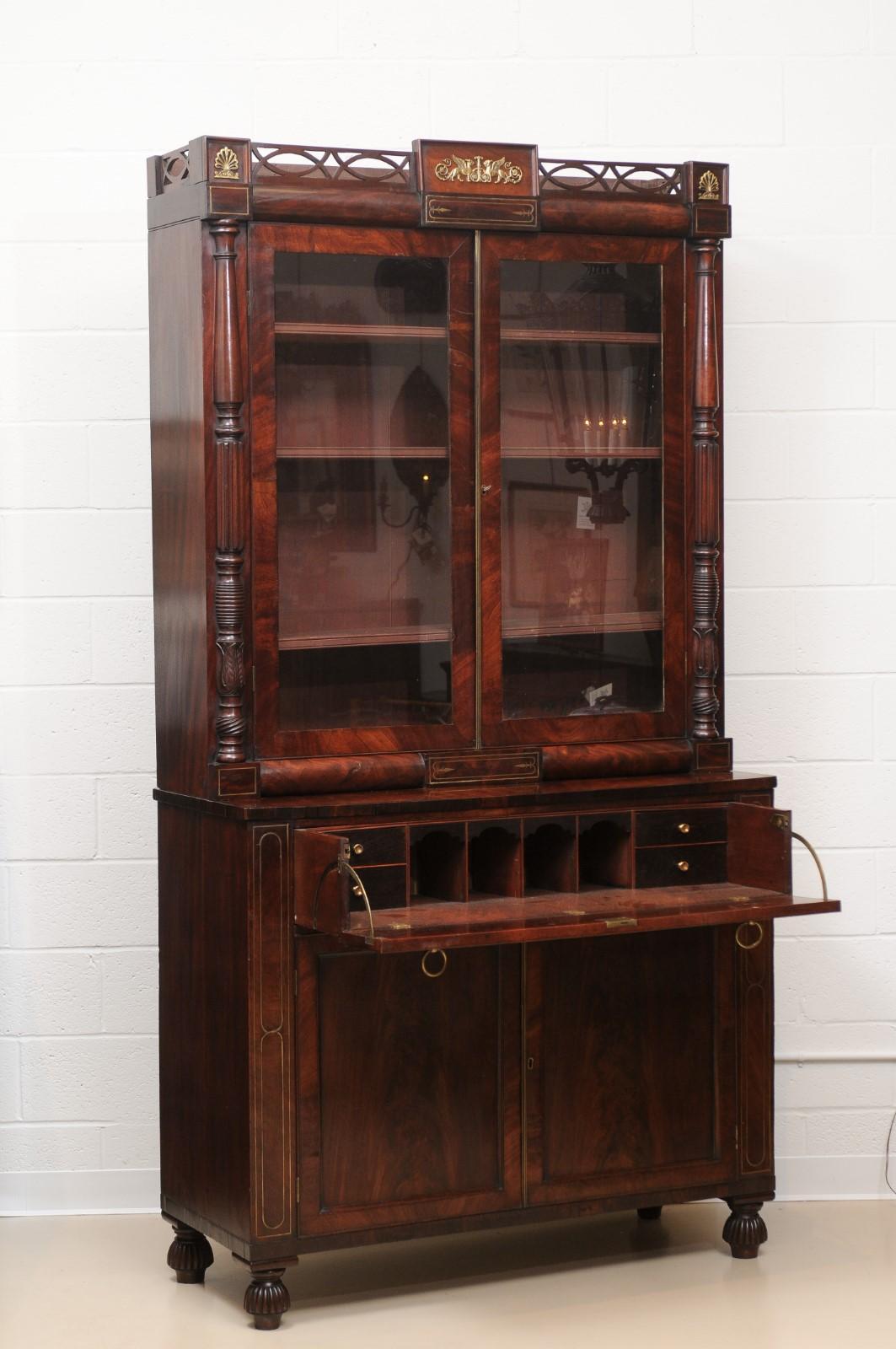 George IV Mahogany Secretary Bookcase with Brass Inlay and Ormolu Mounts England For Sale 10