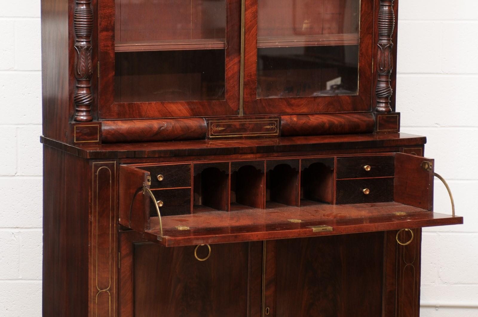 George IV Mahogany Secretary Bookcase with Brass Inlay and Ormolu Mounts England For Sale 11