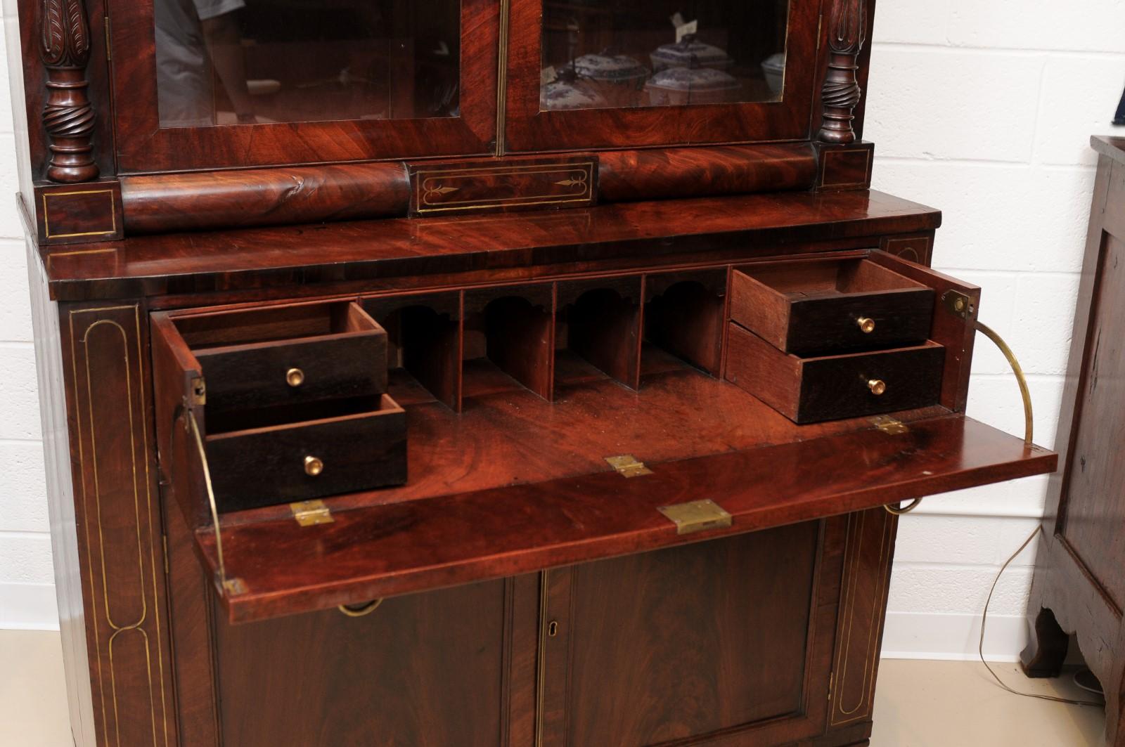 George IV Mahogany Secretary Bookcase with Brass Inlay and Ormolu Mounts, England, circa 1830.