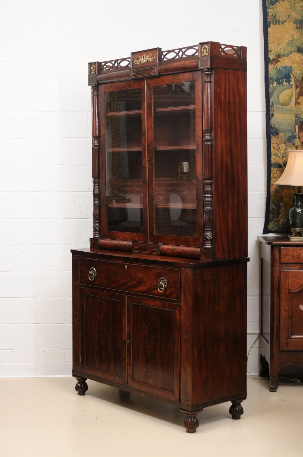 George IV Mahogany Secretary Bookcase with Brass Inlay and Ormolu Mounts England For Sale 3