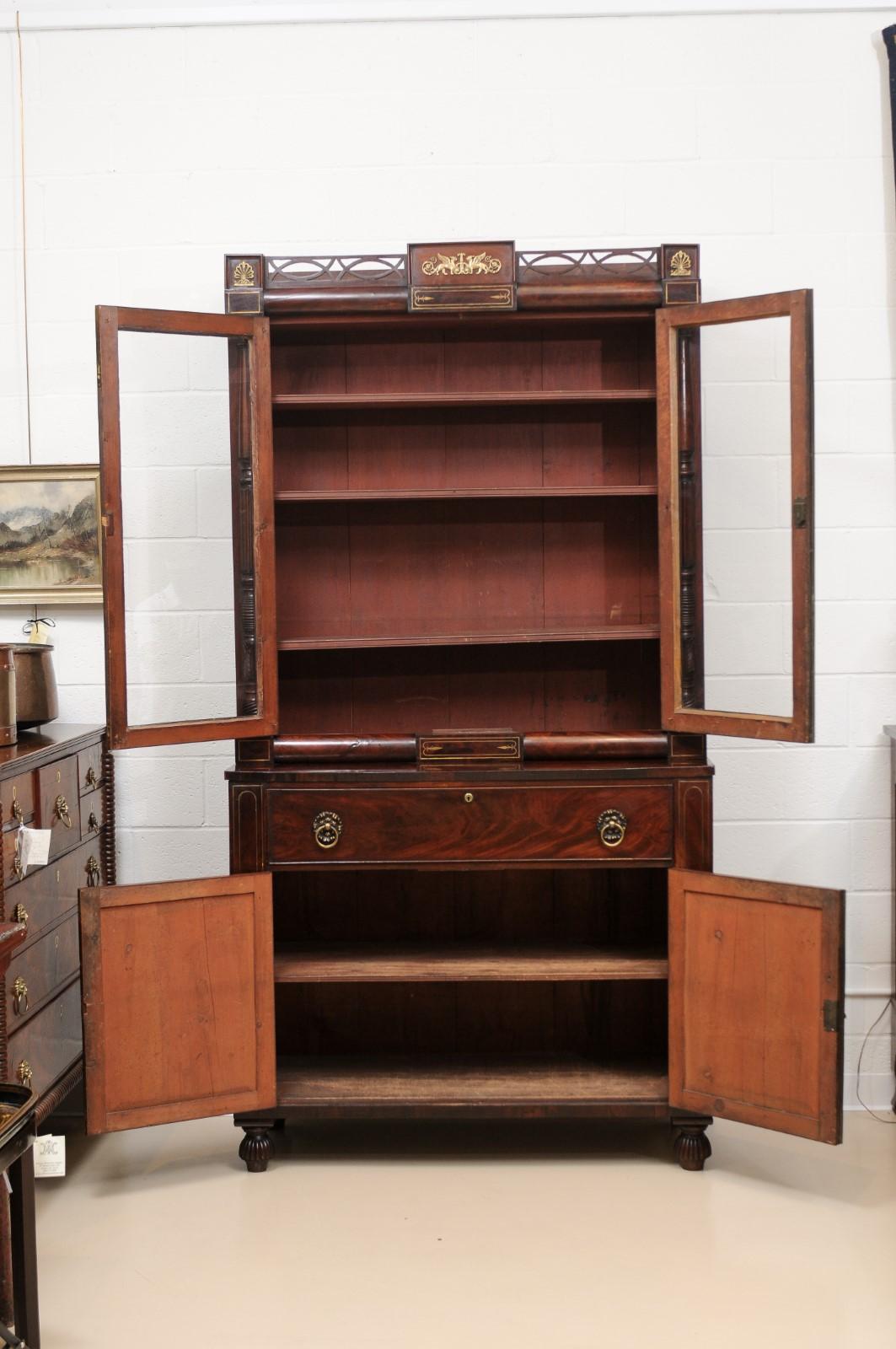 George IV Mahogany Secretary Bookcase with Brass Inlay and Ormolu Mounts England For Sale 4