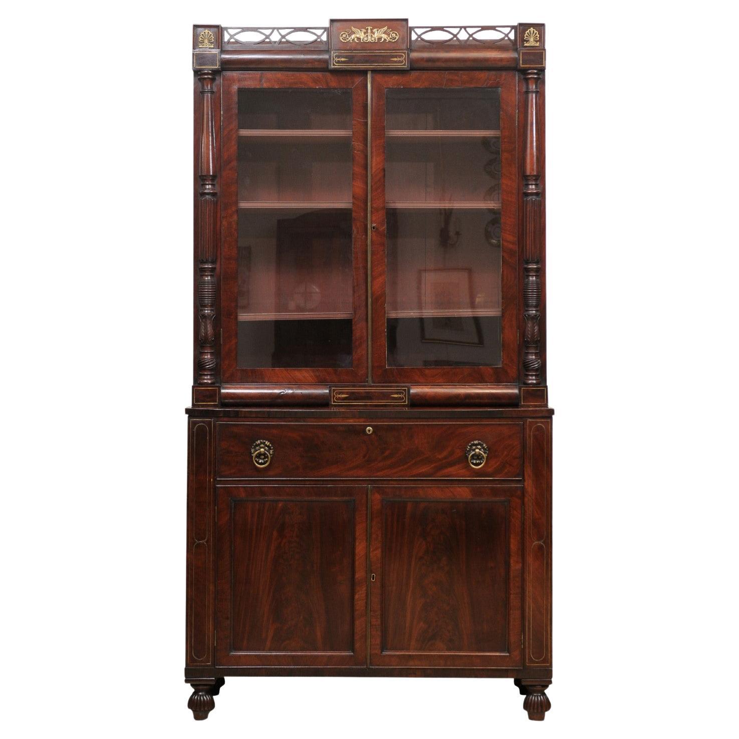 George IV Mahogany Secretary Bookcase with Brass Inlay and Ormolu Mounts England For Sale