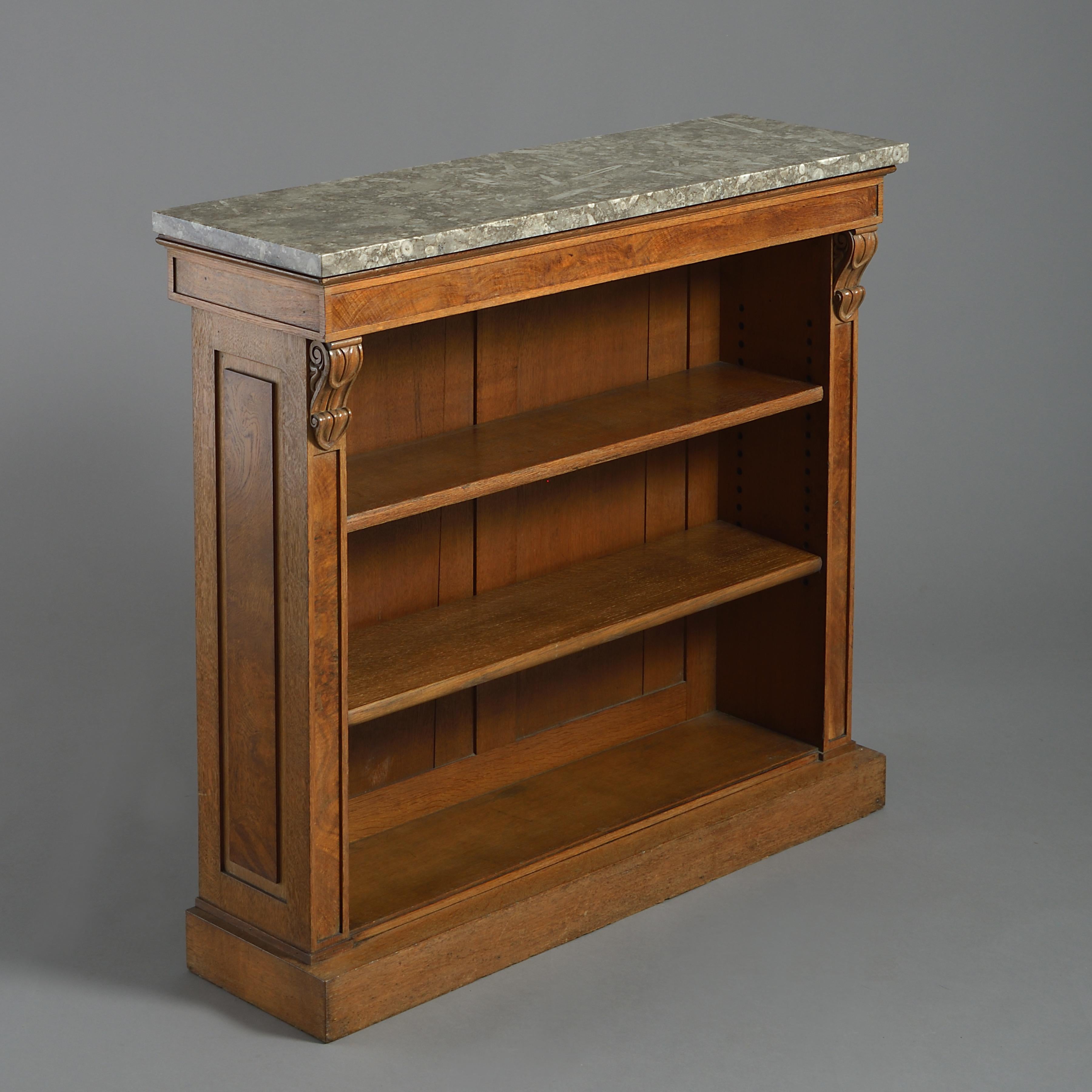 Pair of George IV oak and pollard oak bookcases with Derbyshire fossil marble tops, circa 1830.