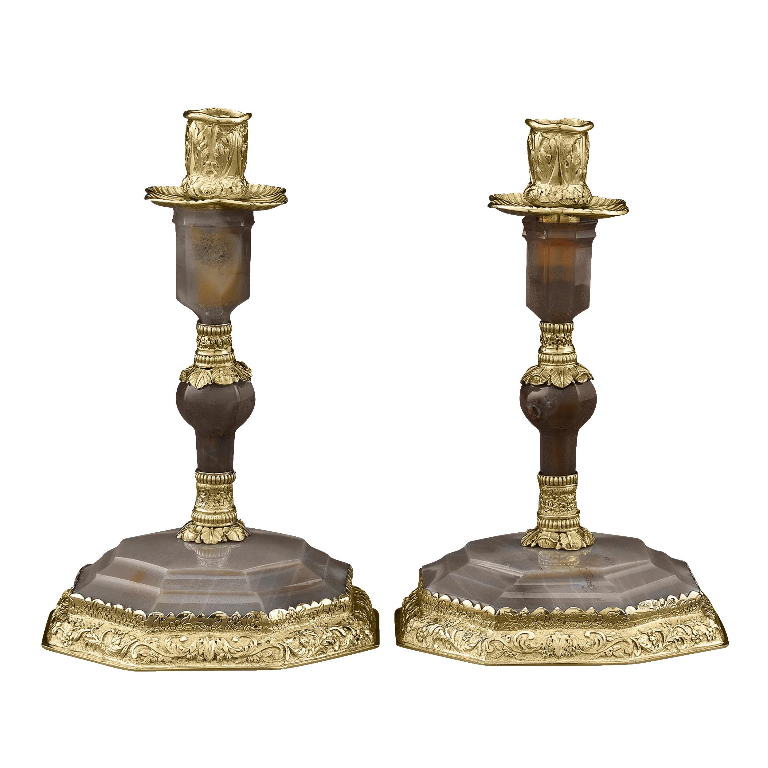 British George IV Silver Gilt and Agate Candlesticks by Edward Farrell For Sale