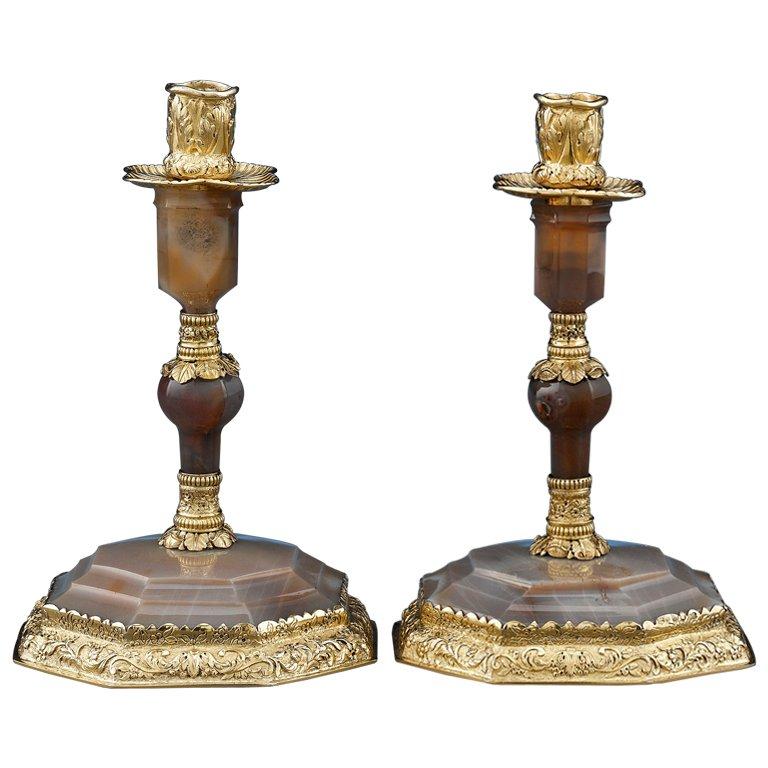 George IV Silver Gilt and Agate Candlesticks by Edward Farrell For Sale