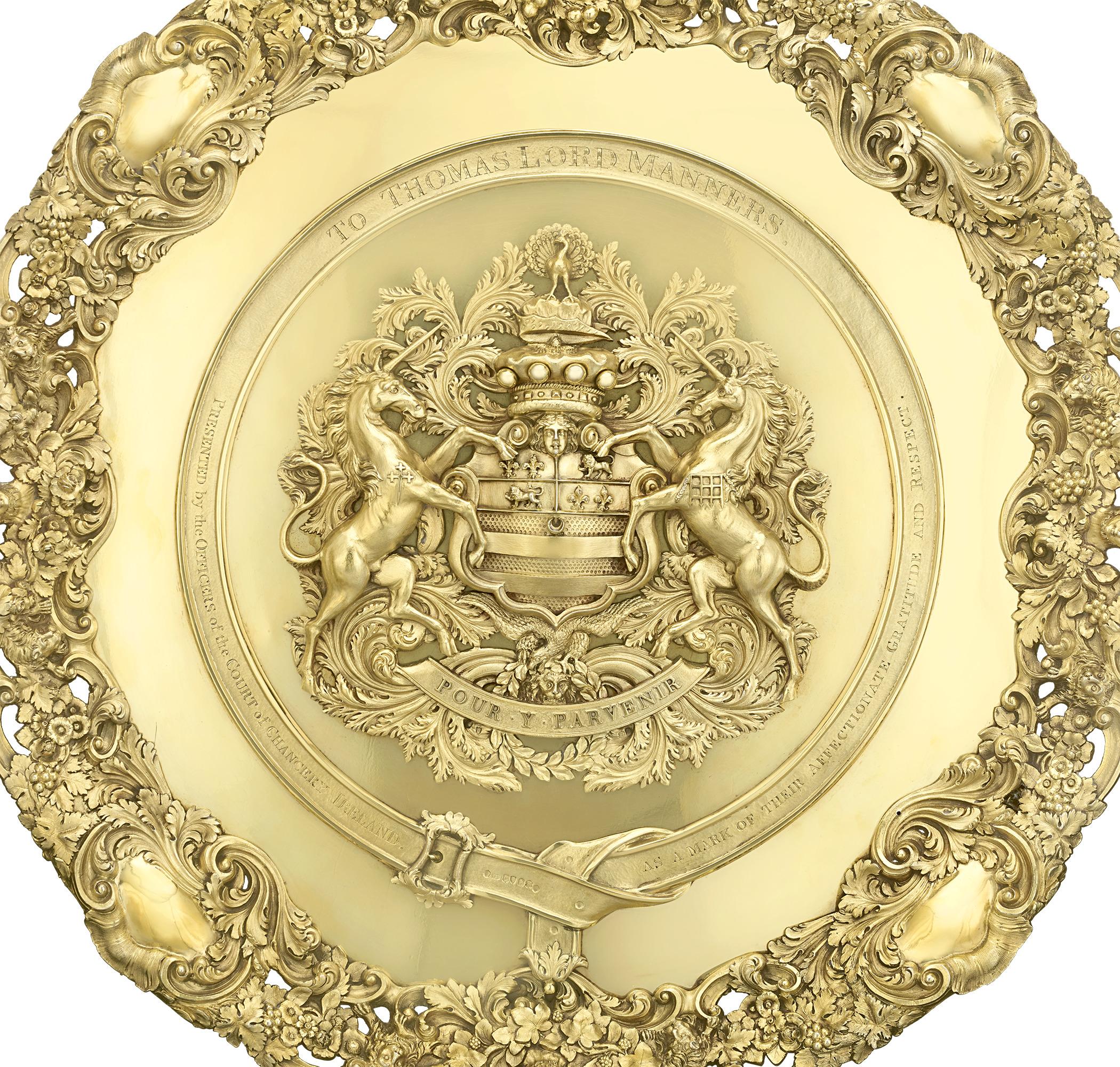 This George IV Silver Gilt Charger was made for Thomas Manners-Sutton to mark the end of his career as the highest judicial officer in Ireland. Made with over 28 pounds of silver, five times the weight of an average charger, this object is further