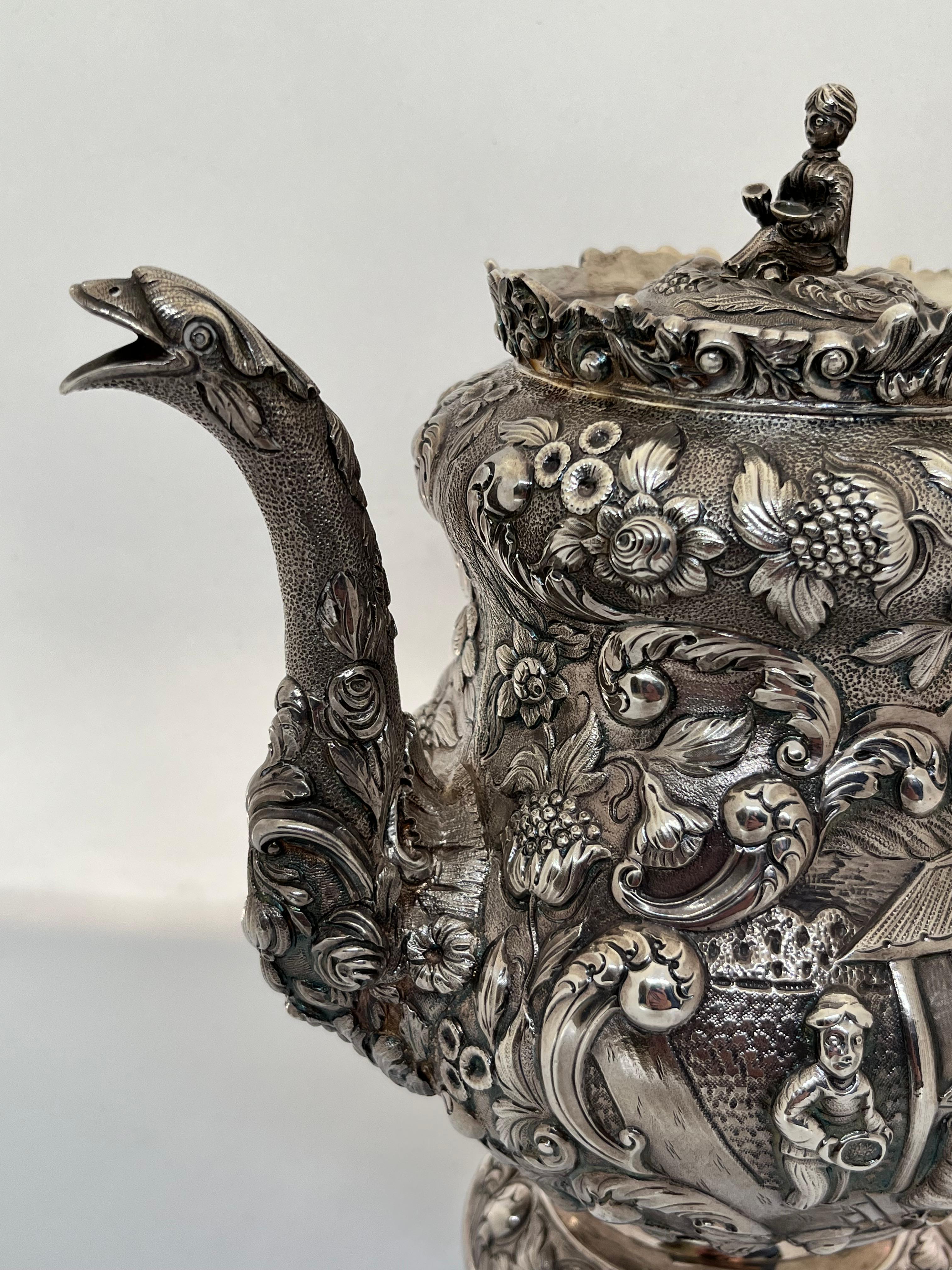George IV Silver Tea or Coffee Pot Decorated with the Chinese Tea Harvest 3