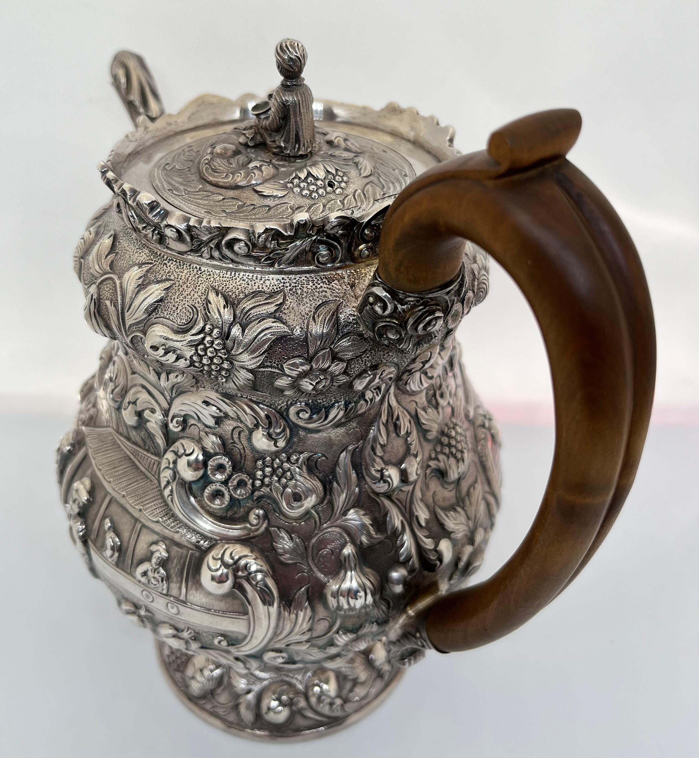 English George IV Silver Tea or Coffee Pot Decorated with the Chinese Tea Harvest