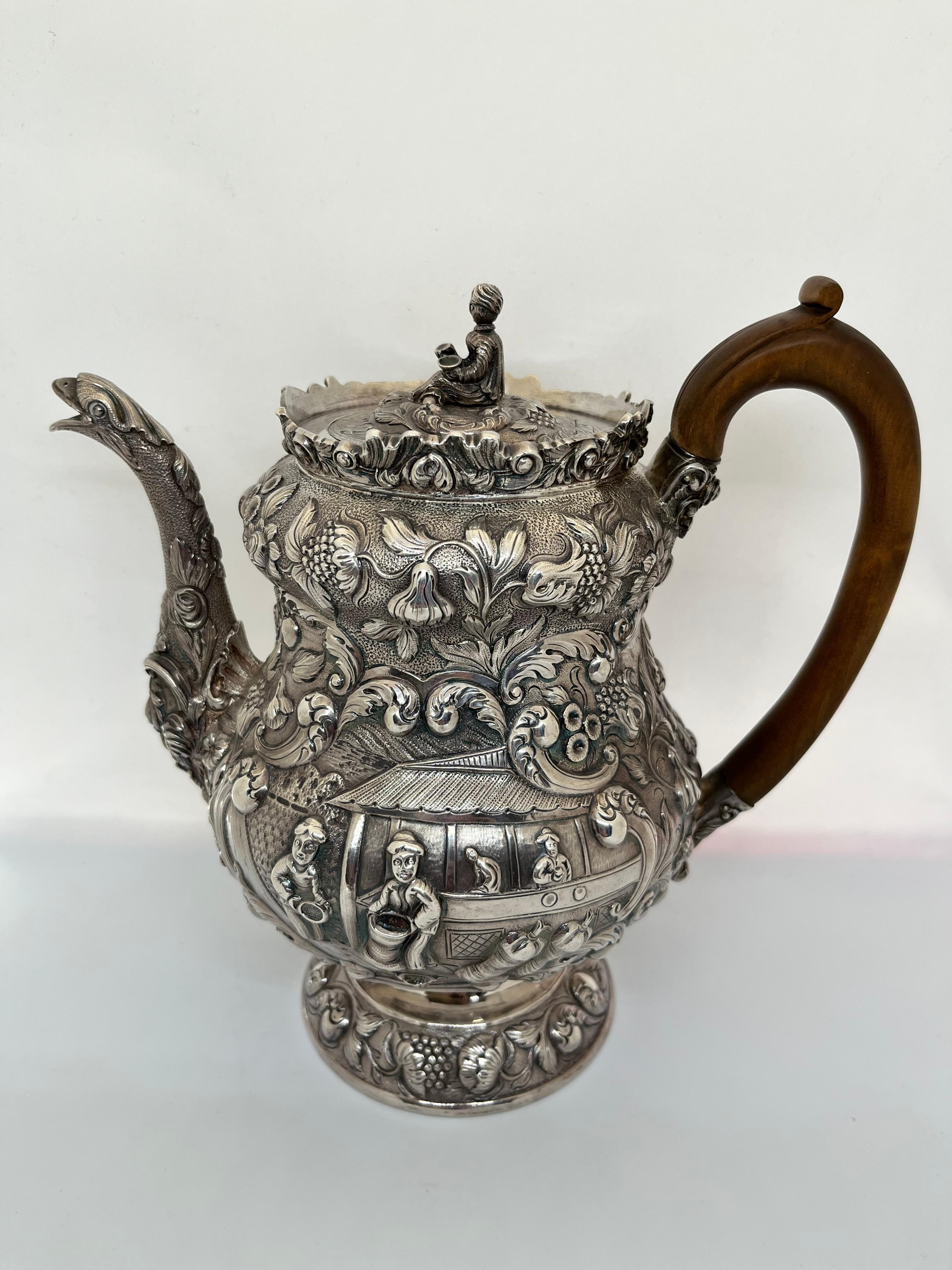 Repoussé George IV Silver Tea or Coffee Pot Decorated with the Chinese Tea Harvest