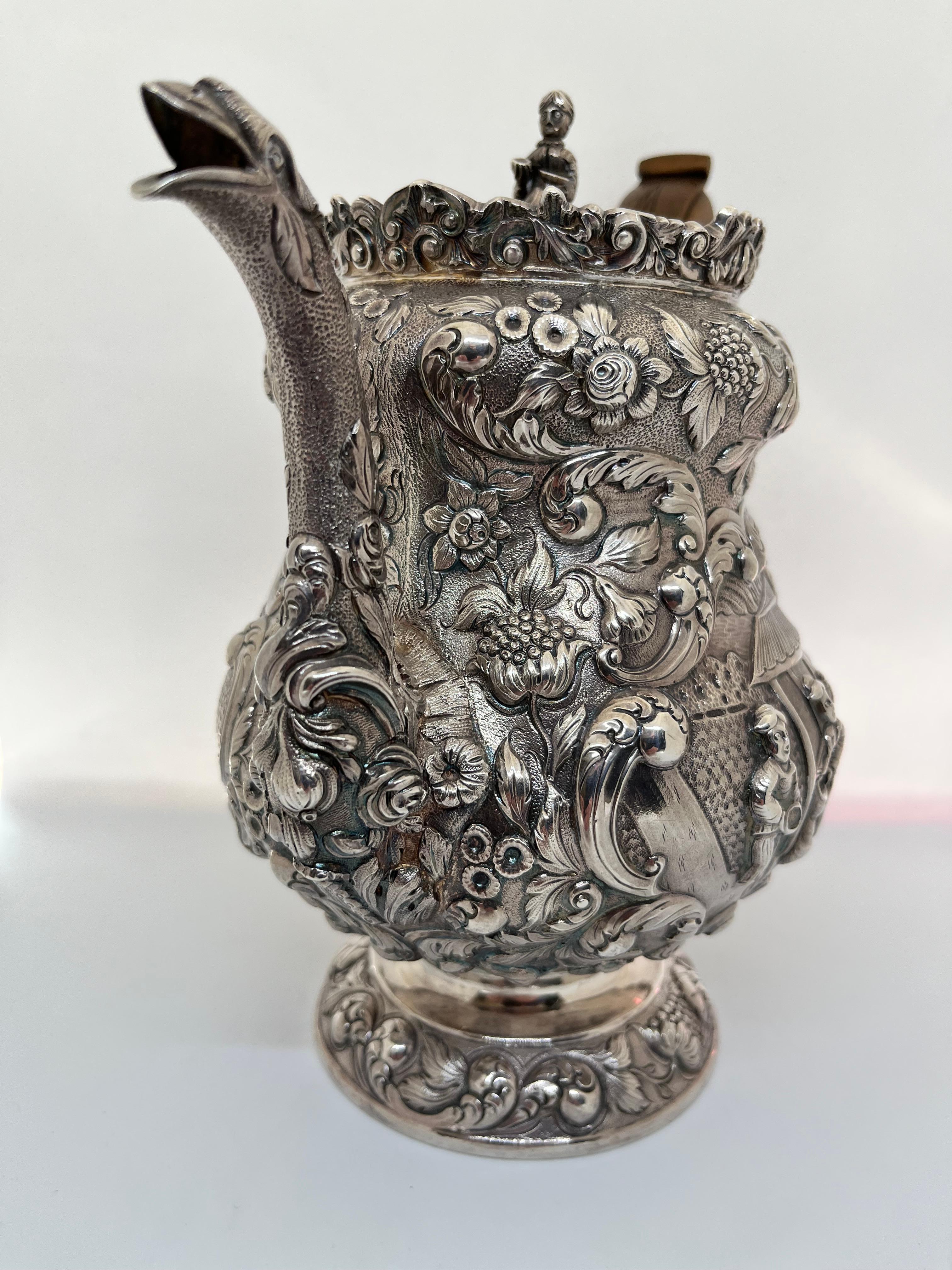 George IV Silver Tea or Coffee Pot Decorated with the Chinese Tea Harvest In Good Condition In London, GB