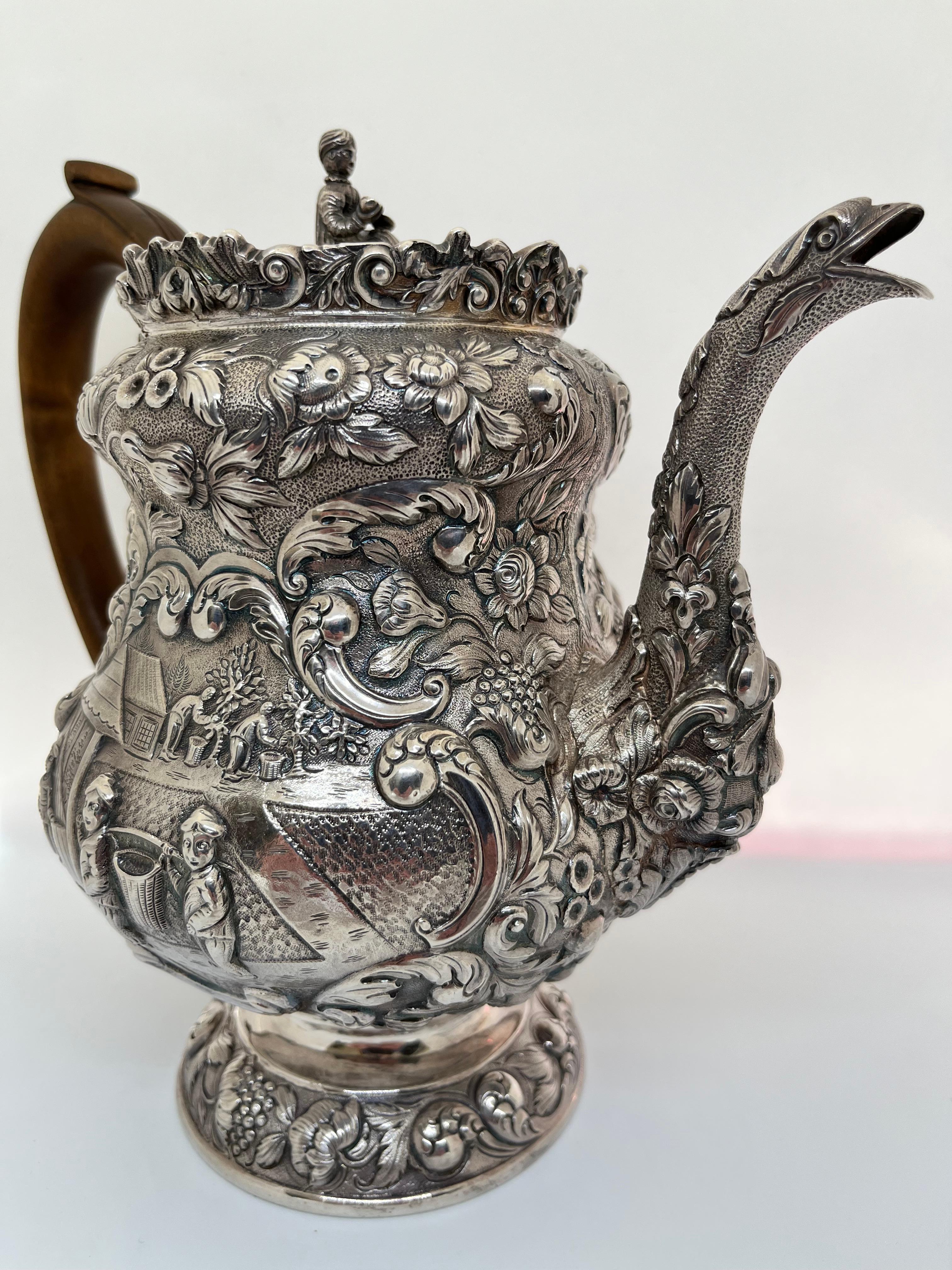 Early 19th Century George IV Silver Tea or Coffee Pot Decorated with the Chinese Tea Harvest