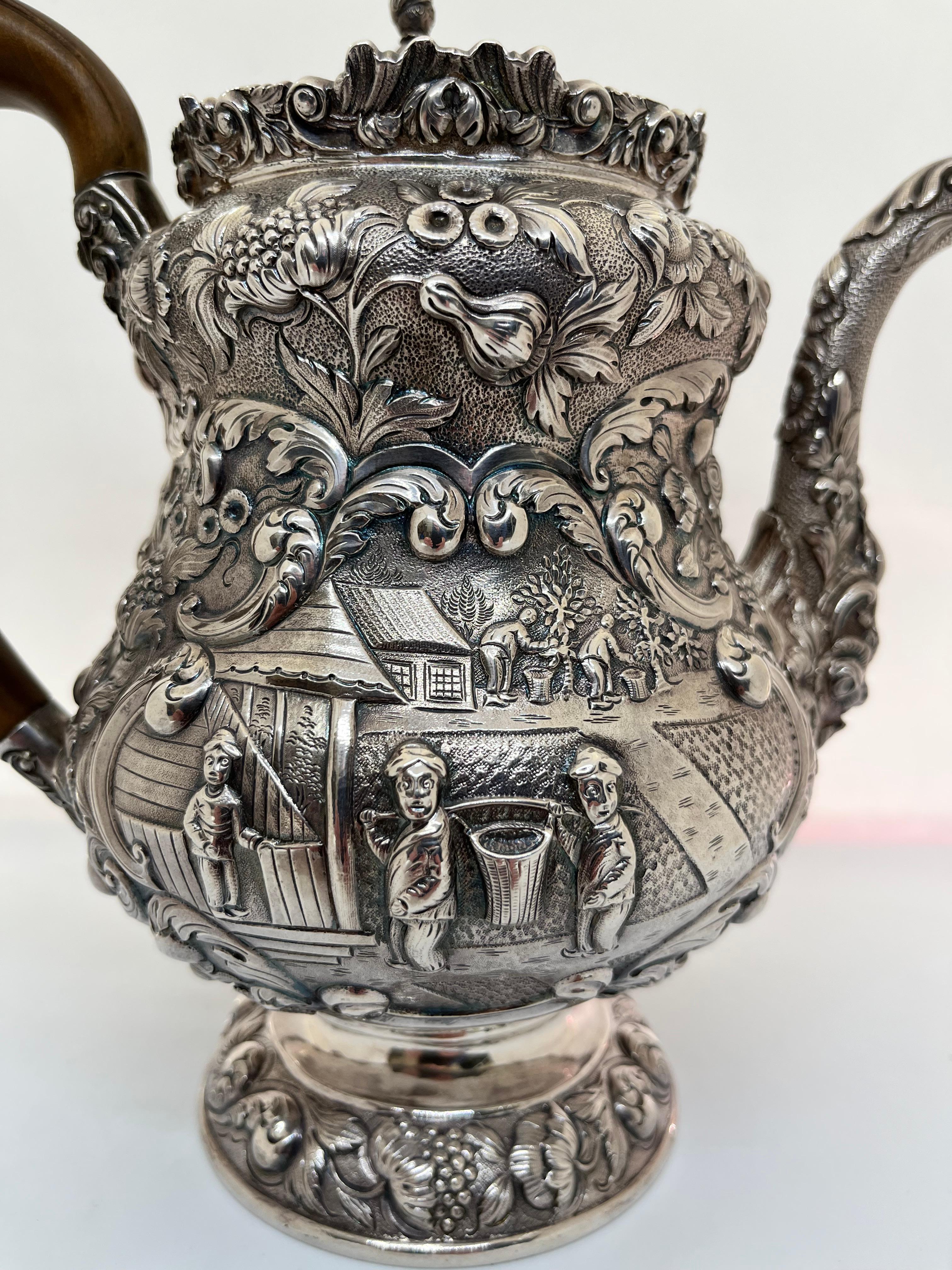 George IV Silver Tea or Coffee Pot Decorated with the Chinese Tea Harvest 1