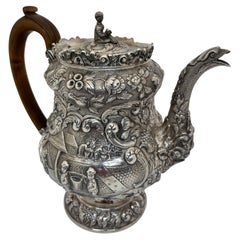 George IV Silver Tea or Coffee Pot Decorated with the Chinese Tea Harvest