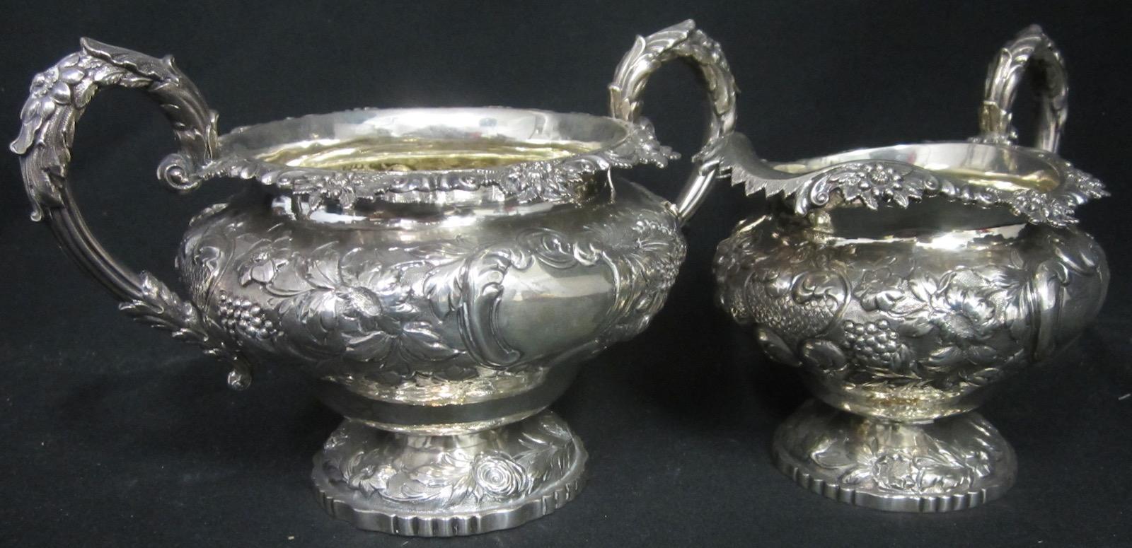 Exceptional quality George IV silver sugar bowl and cream jug, 
London 1825, 
makers mark CF, Charles Thomas Fox. 
Bowl 14 x 22cm and jug (13 x 15cm), total 688 grams, 24 ounces.