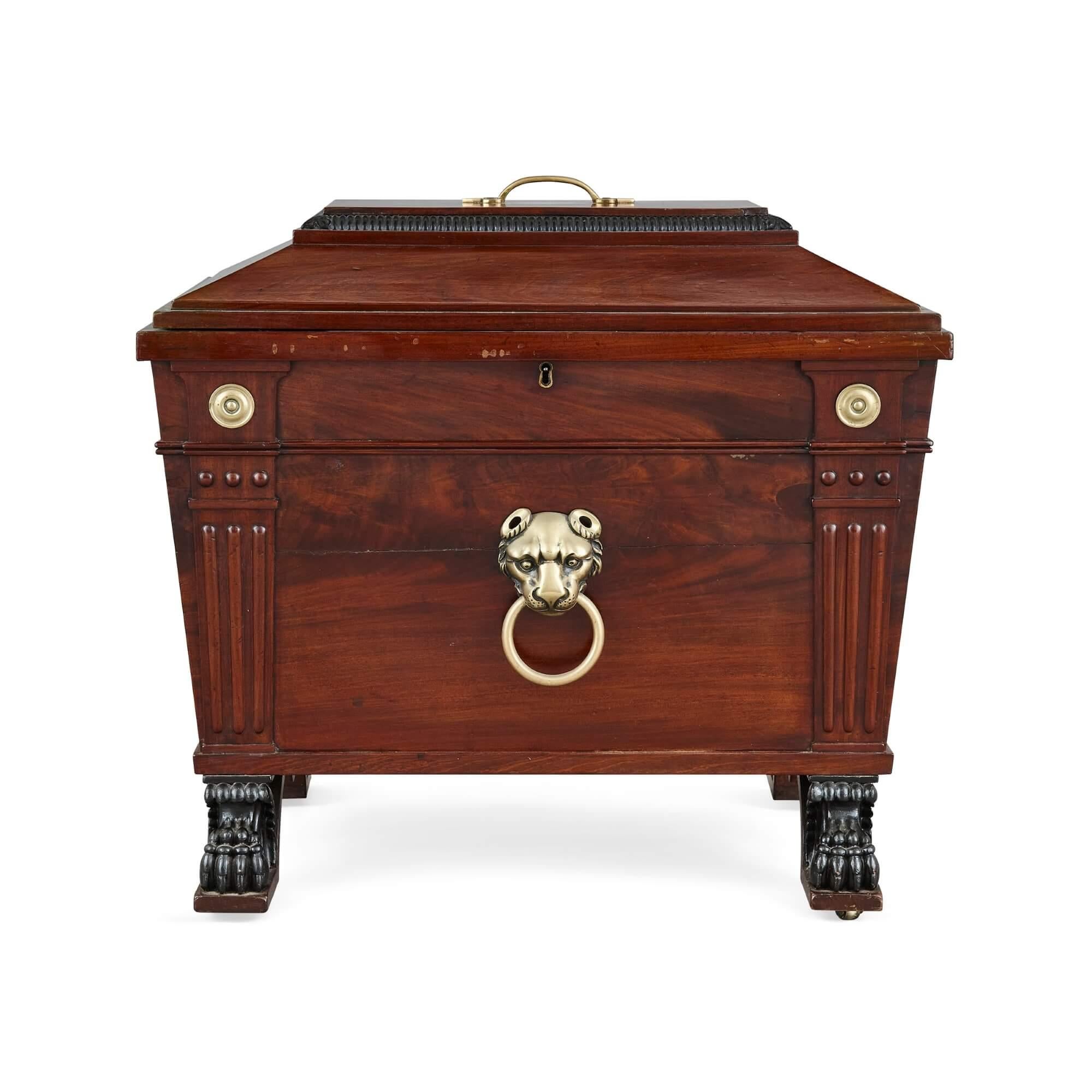 George IV Style Brass-Mounted Mahogany Wine Cooler
English, 19th Century
Height 63cm, width 70cm, depth 52cm

Made in English in the nineteenth century during the reign of George IV, this exceptional piece is a mahogany and brass-mounted wine