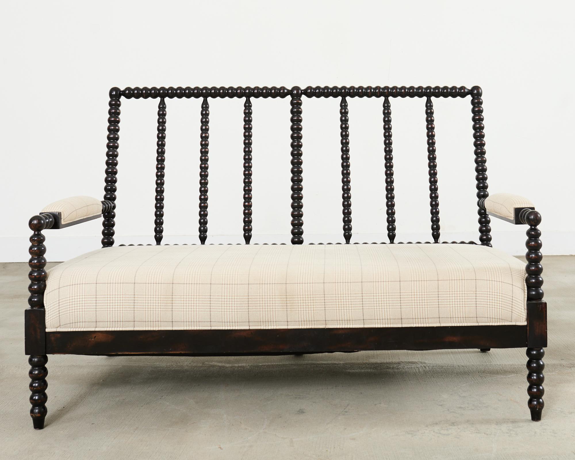 Fabric George IV Style Ebonized Bobbin Turned Spool Settee For Sale