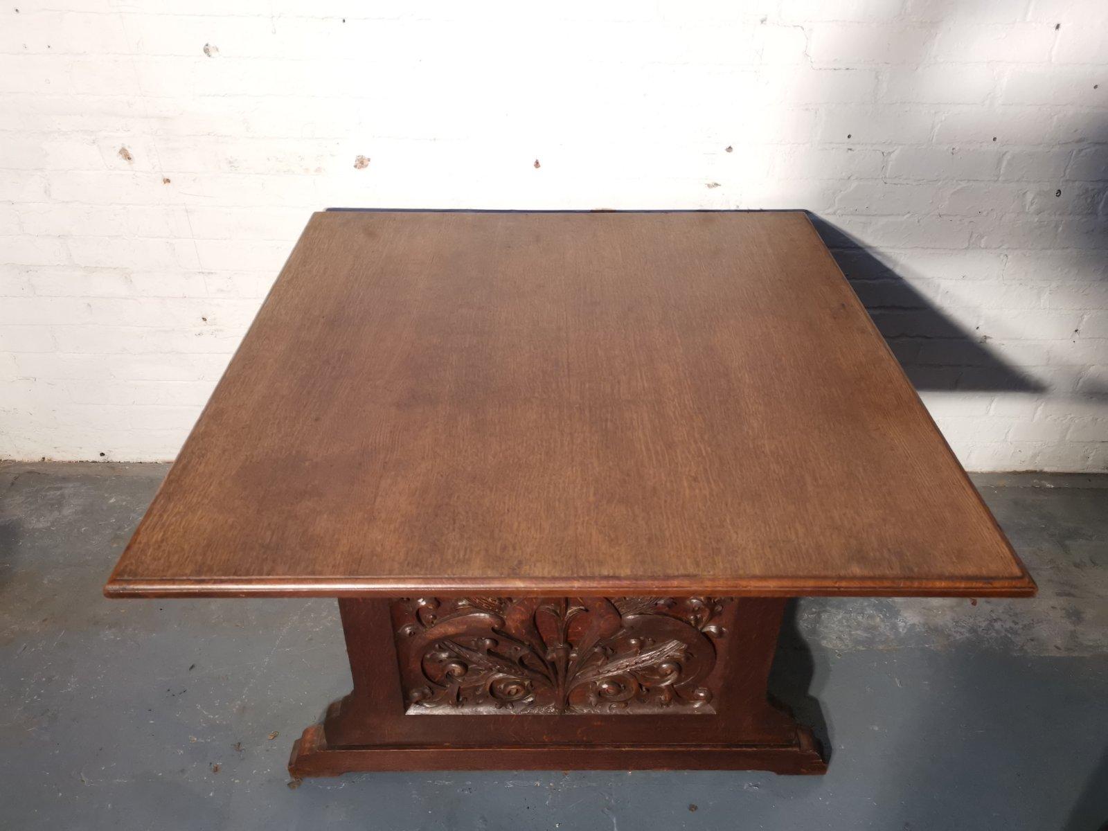 English George Jack Morris & Co attr. Arts & Crafts oak carved library table/double desk For Sale