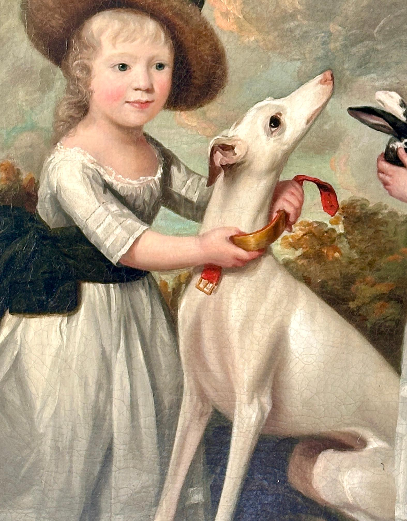 Portrait de deux jeunes filles avec un whippet et un lapin dans un paysage boisé. - Maîtres anciens Painting par George James (London Fl. 1755-1795 Boulogne)