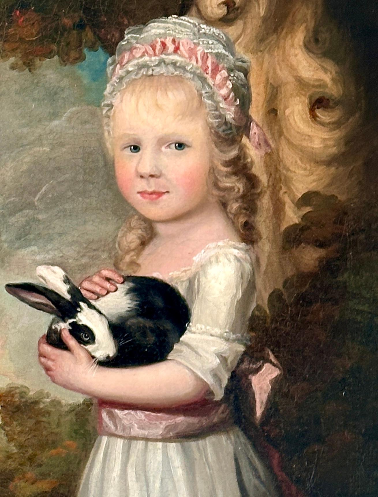 Portrait de deux jeunes filles avec un whippet et un lapin dans un paysage boisé. - Marron Portrait Painting par George James (London Fl. 1755-1795 Boulogne)
