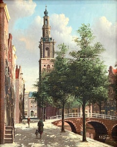 "Amsterdam Street" Realistisches Ölgemälde auf Leinwand von Niederländische Straße & Kanal