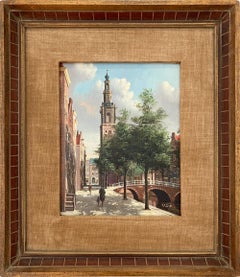 "Amsterdam Street" Realistisches Ölgemälde auf Leinwand von Niederländische Straße & Kanal