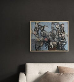 1950s "Blue Bubbles" Mid Century Abstract Oil Painting NYC Artist