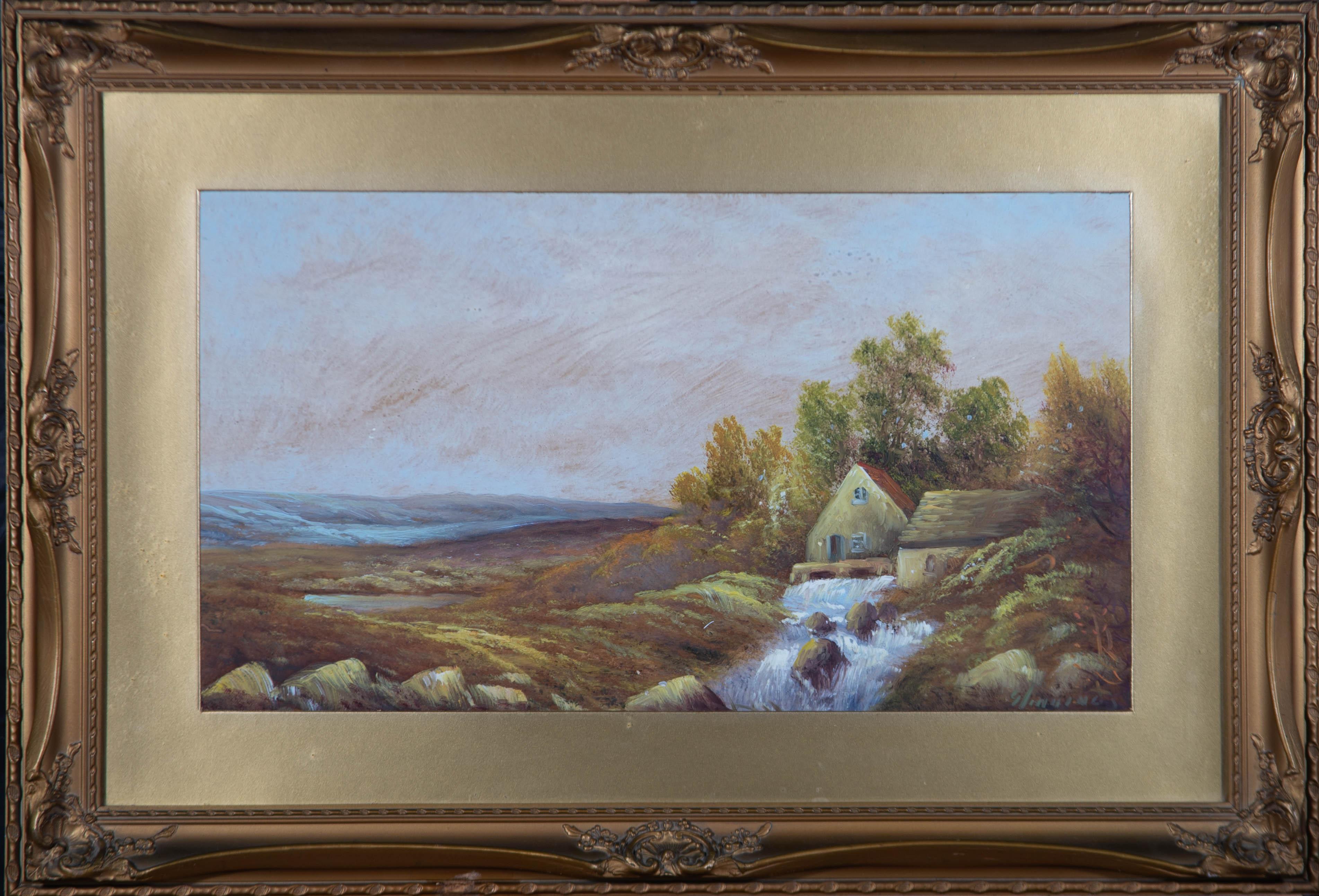 A landscape depicting cottages at the head of a waterfall, with trees and moors beyond. Presented in a golden card mount and in an ornate gilt effect frame. Signed to the lower-right edge. Artist's label to the reverse. On board.
