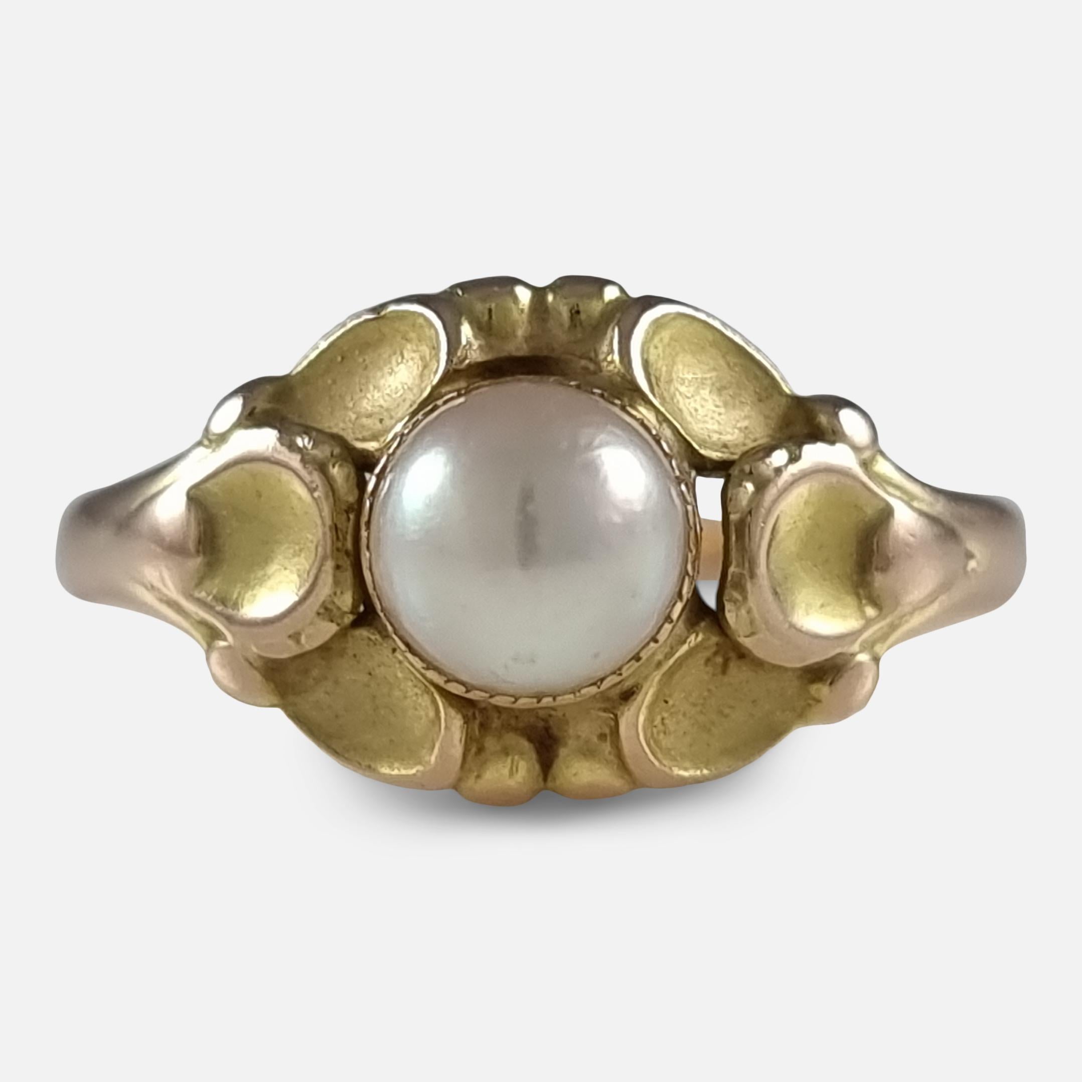 A 14 carat yellow gold and pearl ring, #272, by Georg Jensen.

The ring is stamped with the 'GJ' Georg jensen marks used between 1933-44, '585' to denote 14 carat gold, and '272'.

Period: - Mid 20th Century.

Date: - Circa 1933-44.

Maker: - Georg