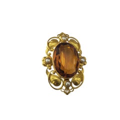 George Jensen #56 18K Yellow Gold Citrine and Seed Pearl Brooch/Pin #22690