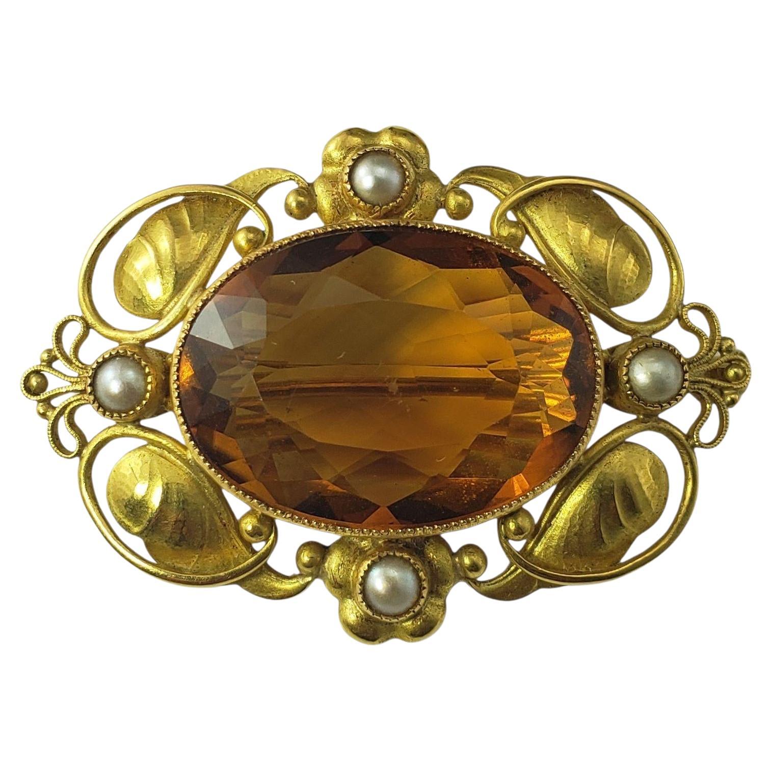 Broche/alfiler Georg Jensen #56 de oro amarillo de 18 quilates con citrino y perlas de collar #22690