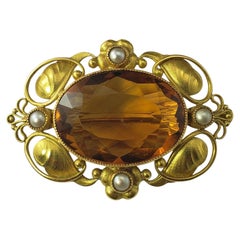 George Jensen #56 18K Yellow Gold Citrine and Seed Pearl Brooch/Pin #22690