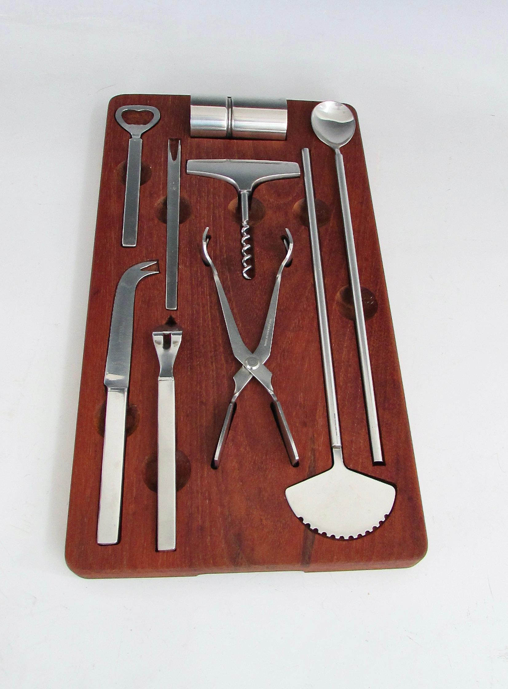 George Jensen Denmark large bar cocktail tool set in fitted teak holder For Sale 4