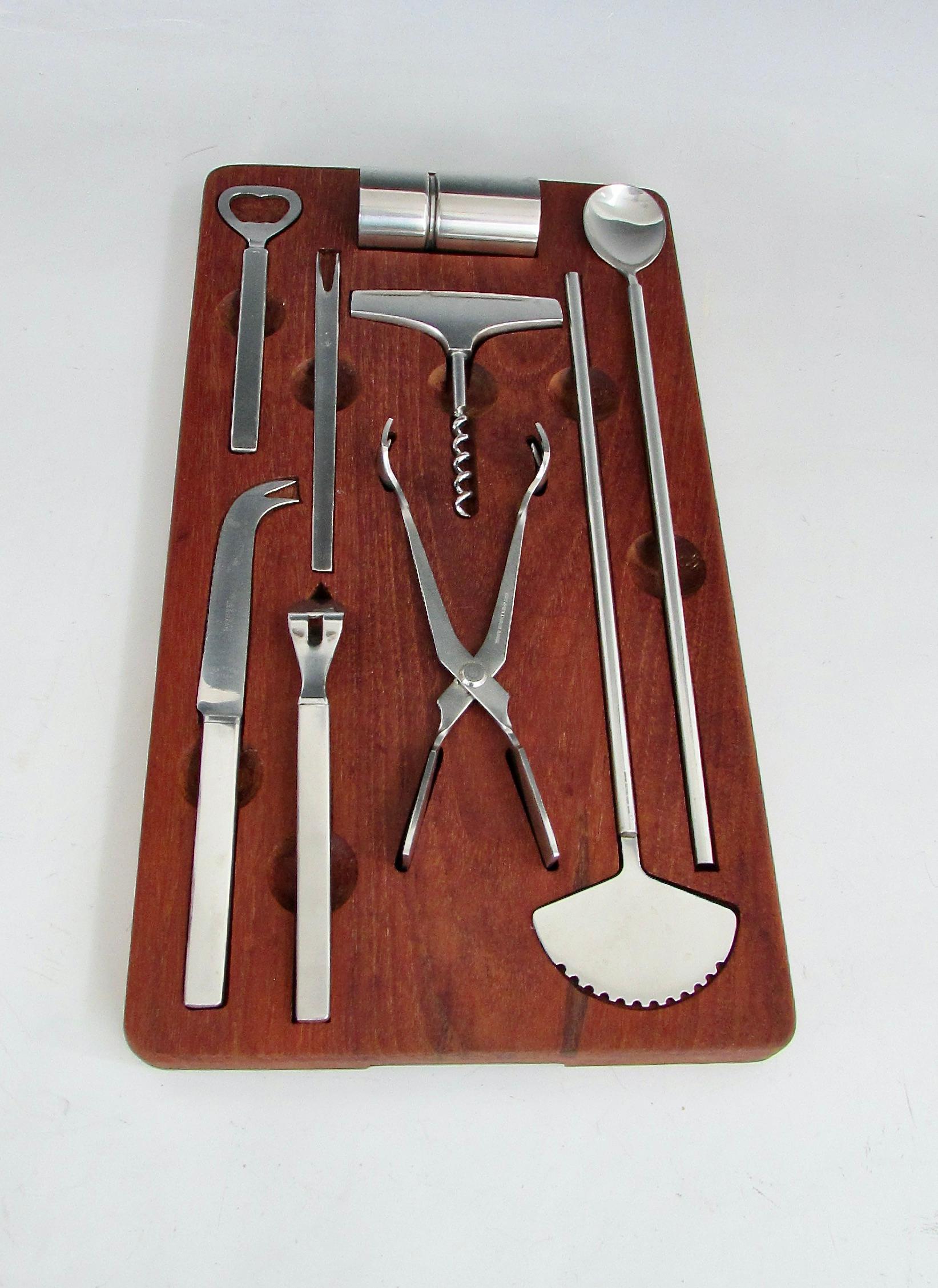 George Jensen Denmark large bar cocktail tool set in fitted teak holder For Sale 5