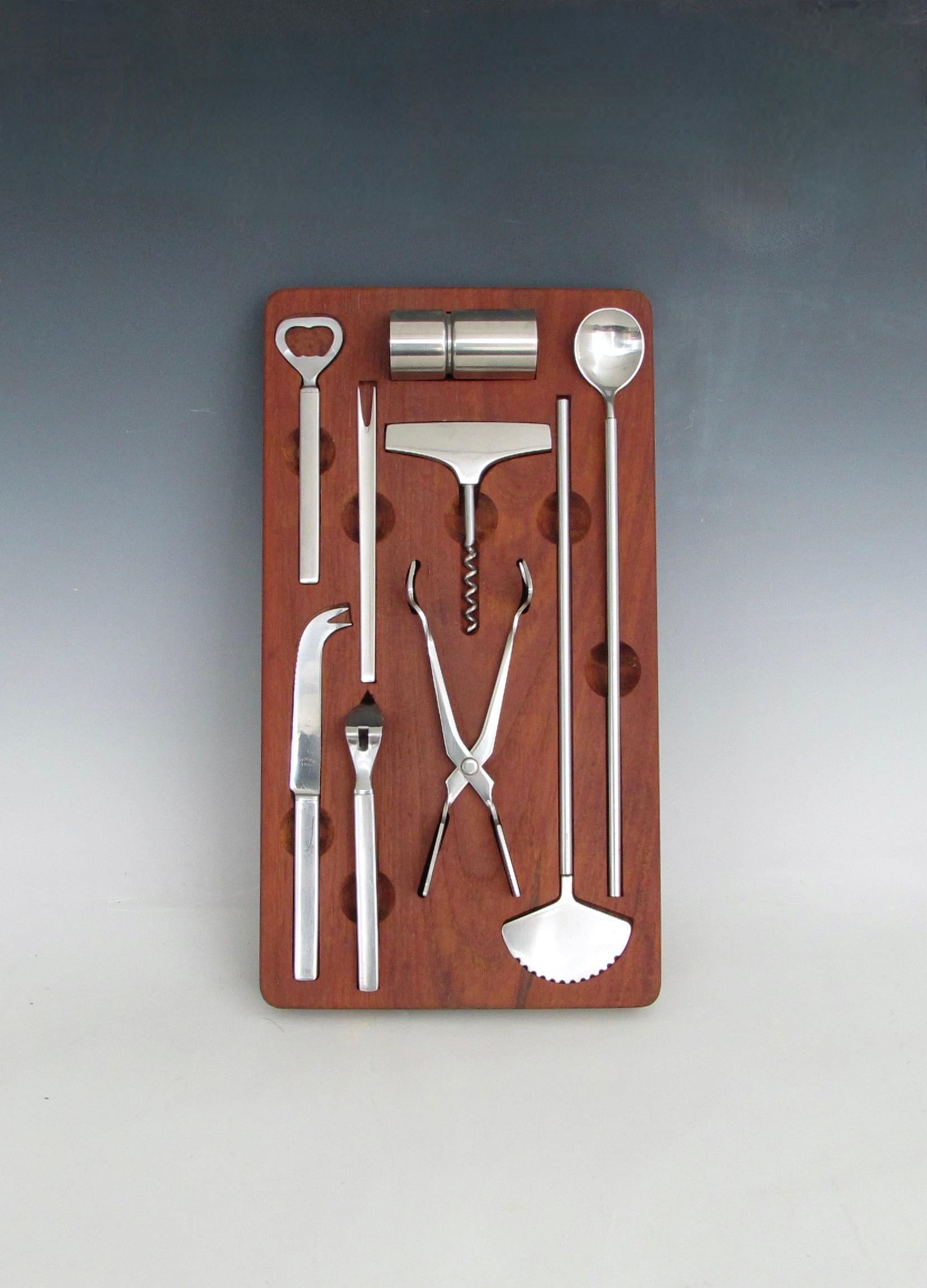 Danish George Jensen Denmark large bar cocktail tool set in fitted teak holder For Sale