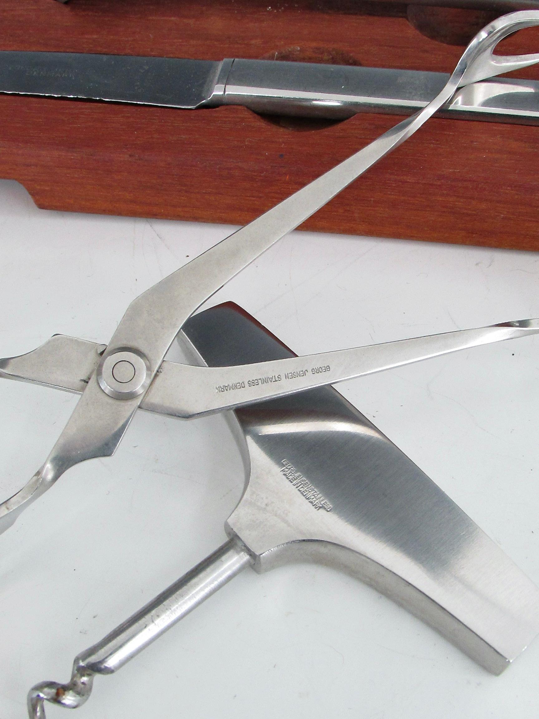 Stainless Steel George Jensen Denmark large bar cocktail tool set in fitted teak holder For Sale