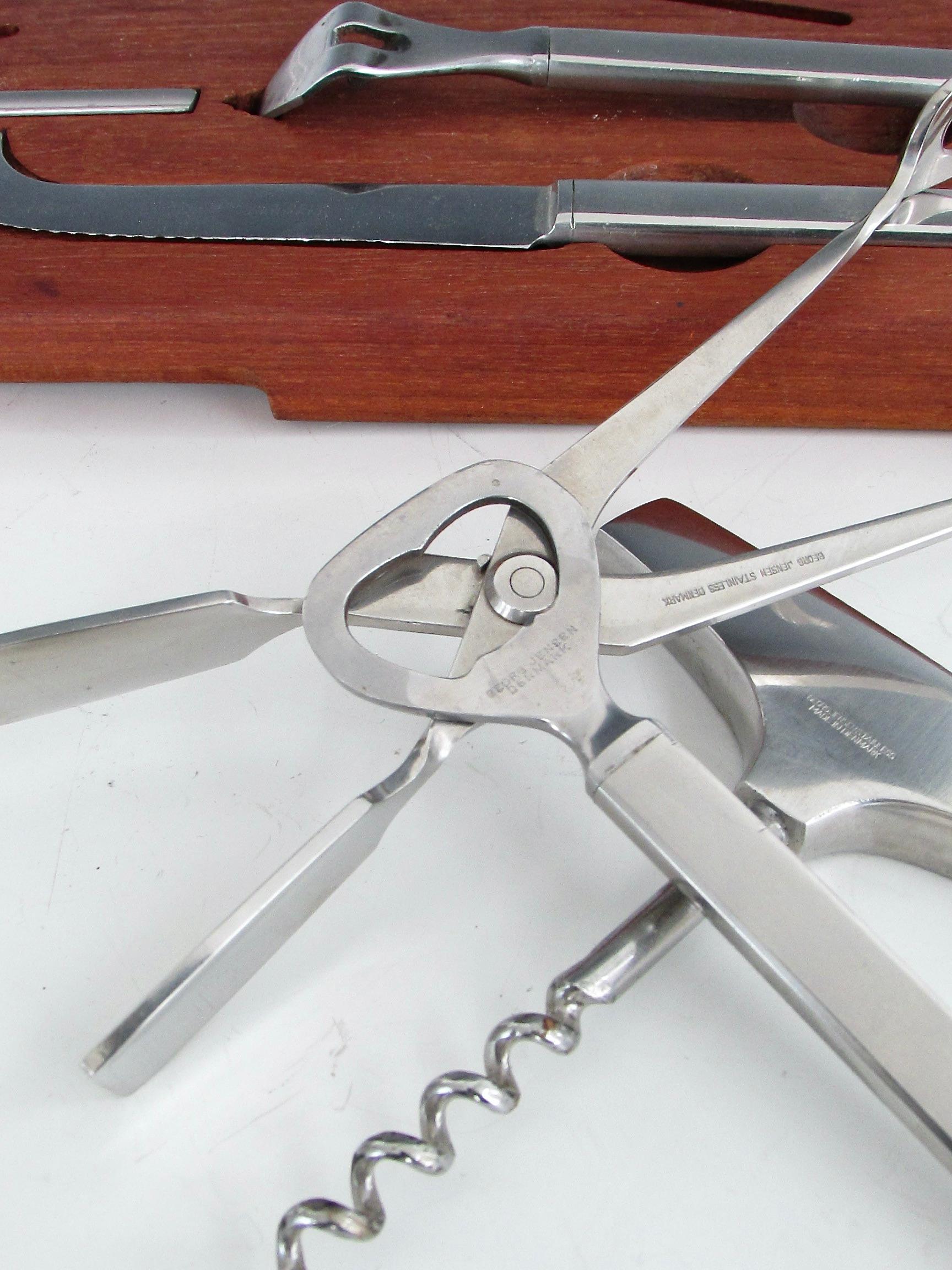 George Jensen Denmark large bar cocktail tool set in fitted teak holder For Sale 1