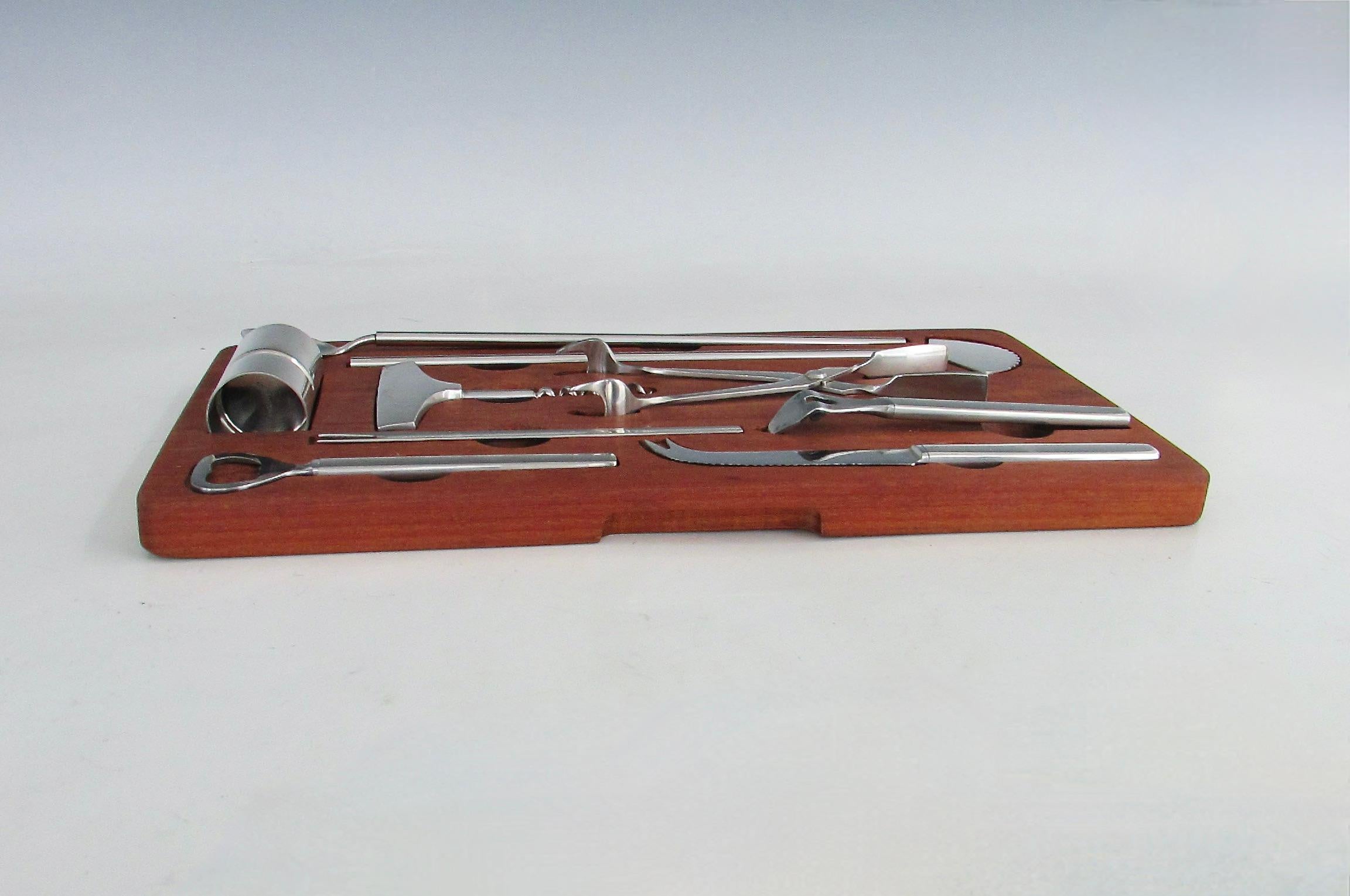 George Jensen Denmark large bar cocktail tool set in fitted teak holder For Sale 2