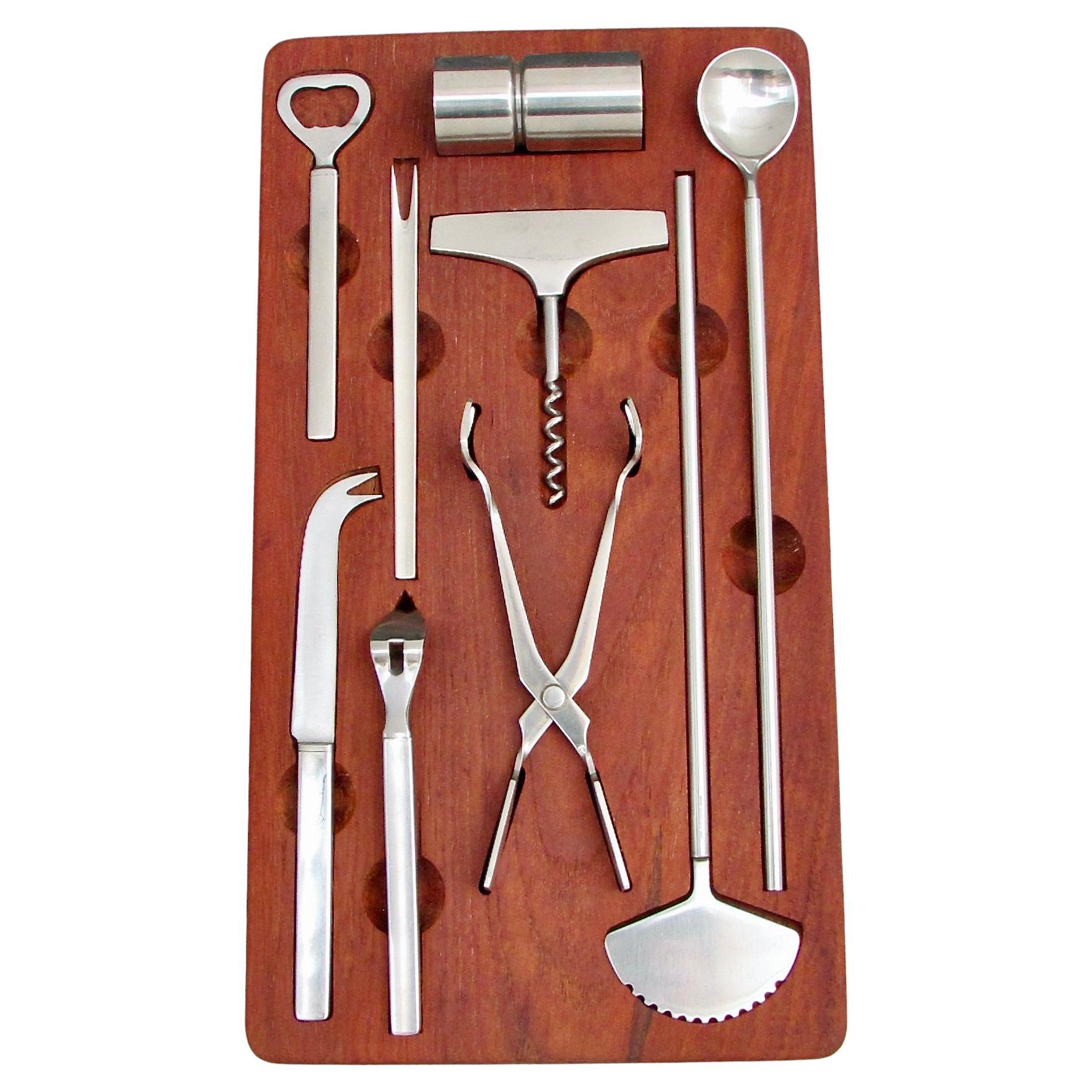 George Jensen Denmark large bar cocktail tool set in fitted teak holder