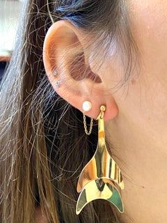 George Jensen Signed "Whale Tail" 18k Gold Dangle Drop Earrings