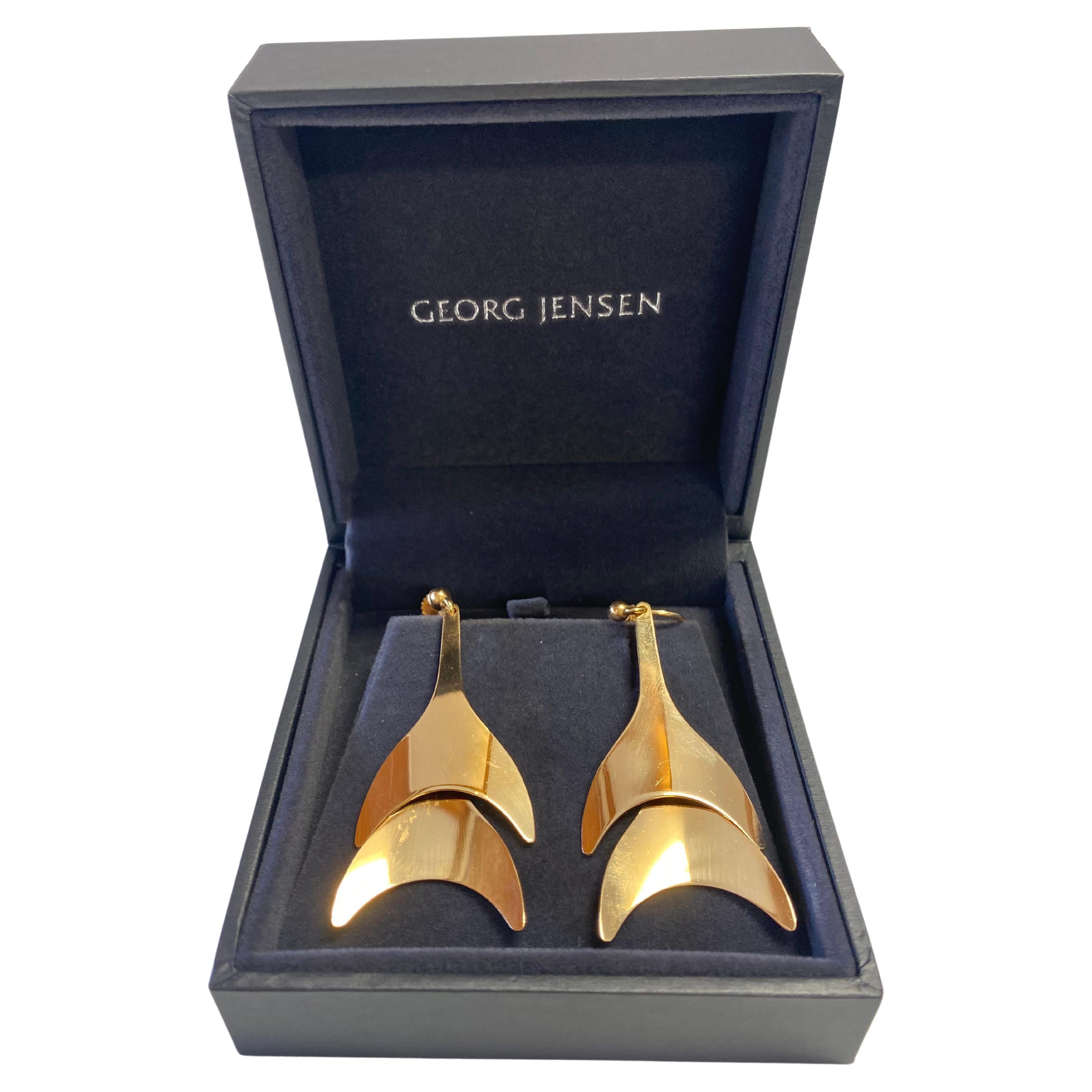 George Jensen Signed "Whale Tail" 18k Gold Dangle Drop Earrings For Sale