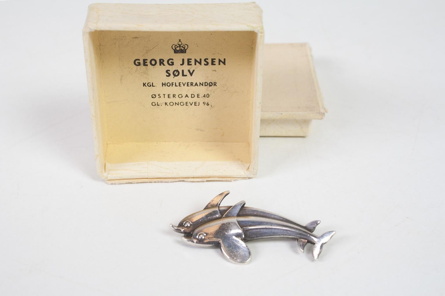 Scandinavian Modern Vintage Scandinavian modern Georg Jensen Silver brooch of Double Dolphin 1960s