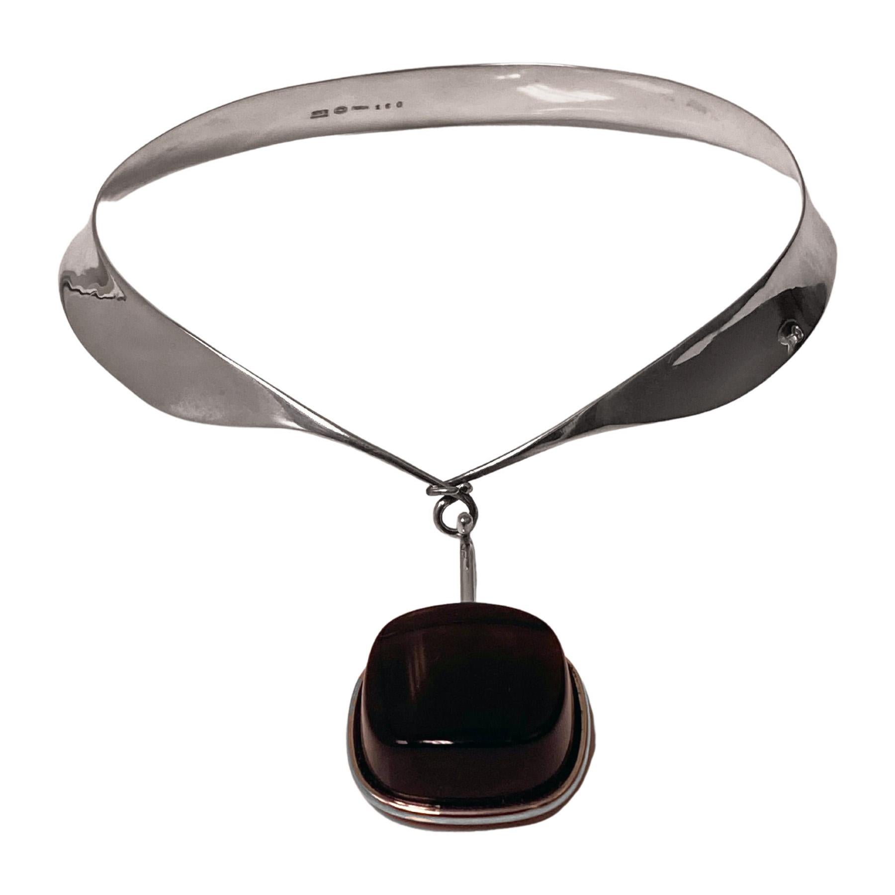 Vivianna Torun Bulow Hube for George Jensen, a rare silver brown rock crystal pendant on collar, Denmark, C. 1969, #160 and 132, stamped Georg Jensen in a dotted oval, Denmark,Torun, 160, 132  925S. Will fit up to 19-inch neck, pendant, No 132 drop,