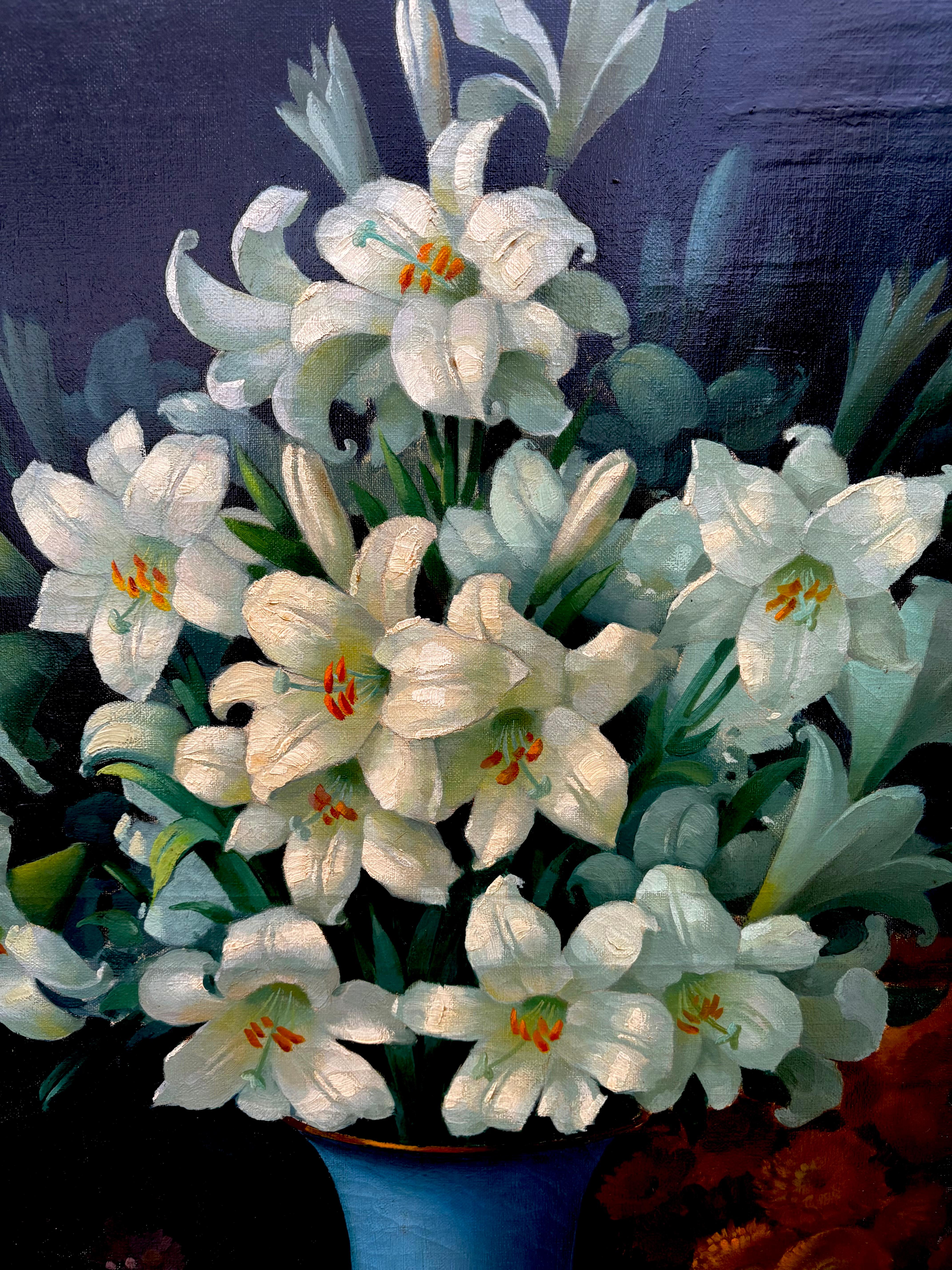 Grand Dipinto Natura Morta Vaso con Fiori di Giglio Firmato en vente 5