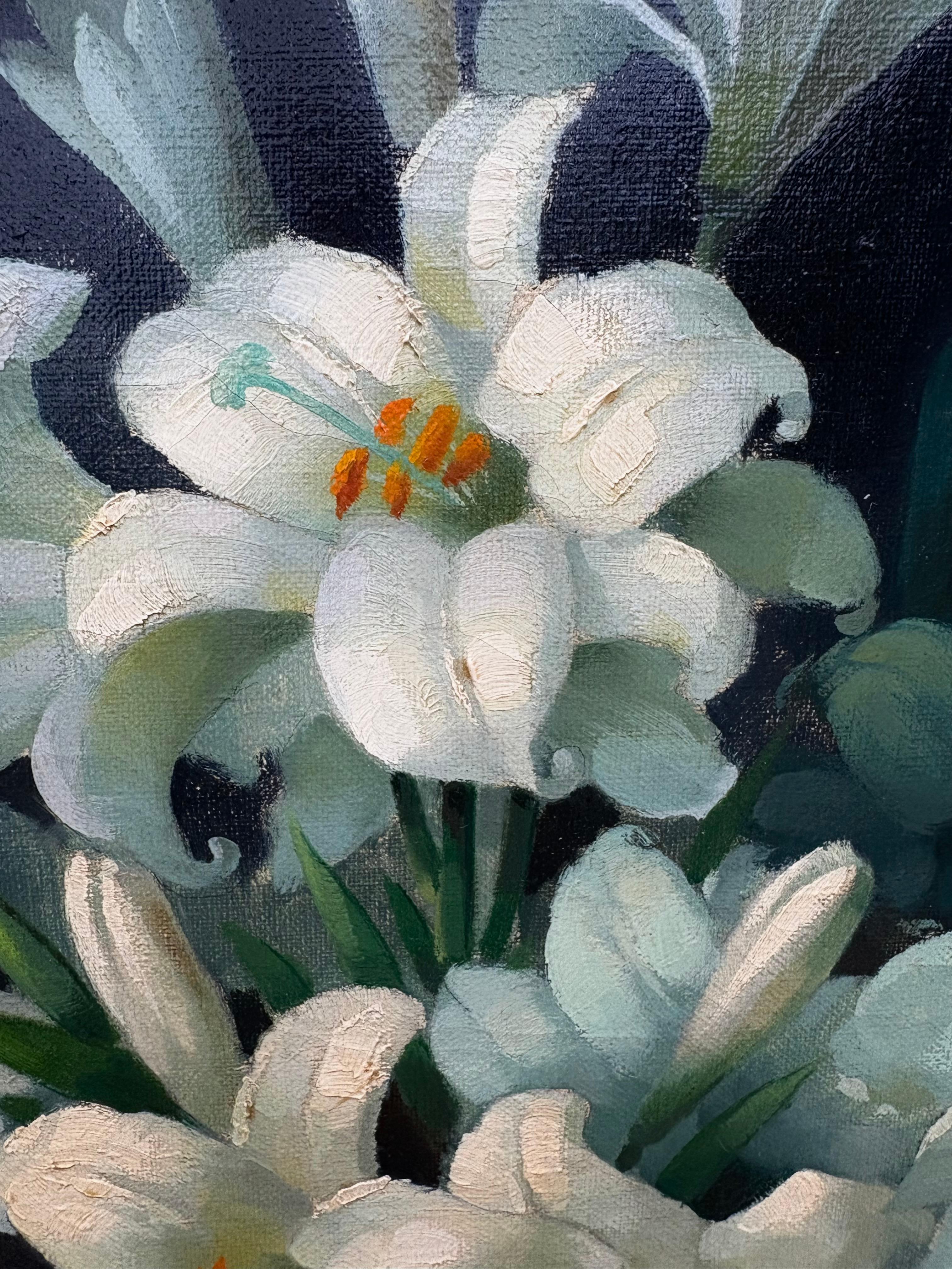 Grand Dipinto Natura Morta Vaso con Fiori di Giglio Firmato en vente 6