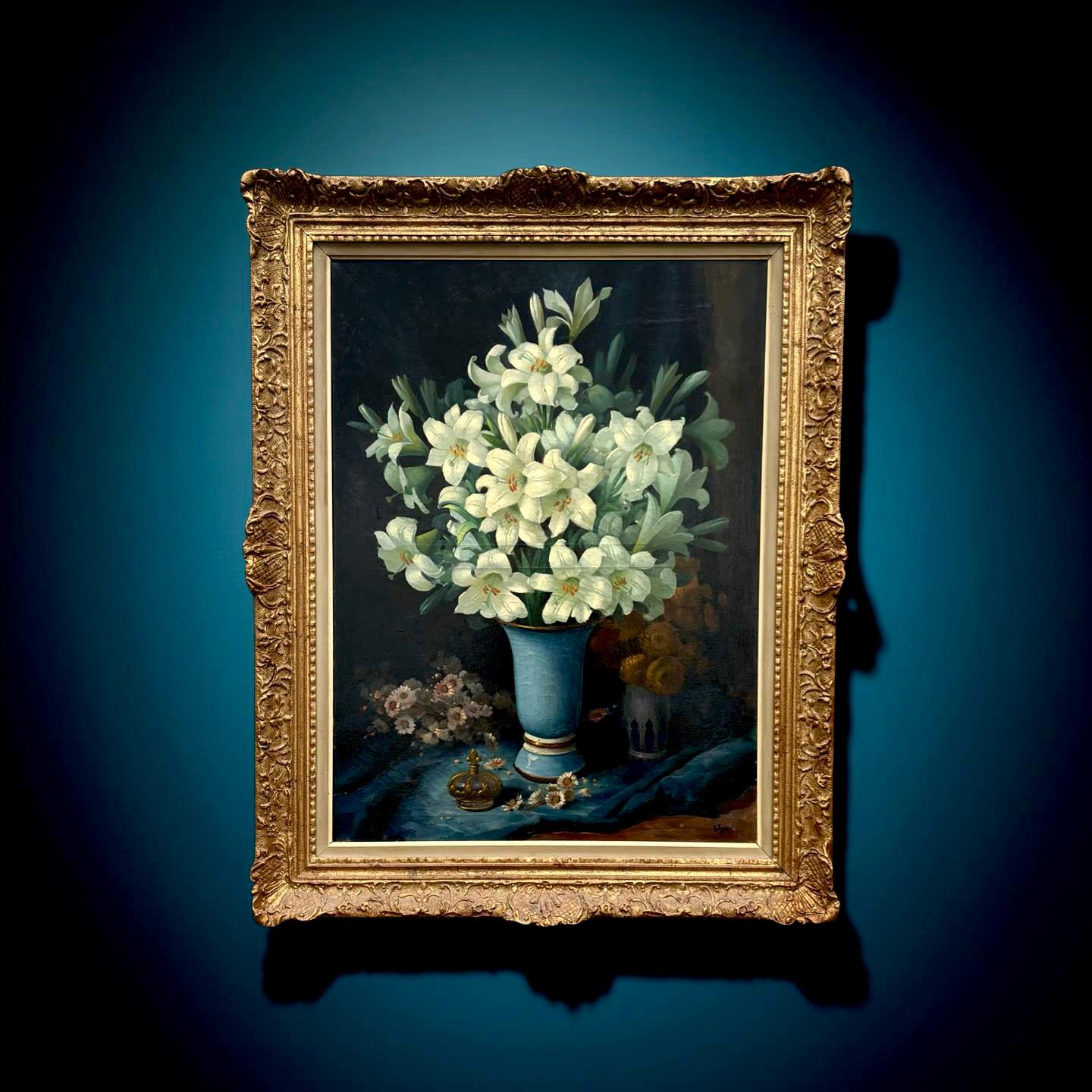 Grand Dipinto Natura Morta Vaso con Fiori di Giglio Firmato - Painting de George Jessen